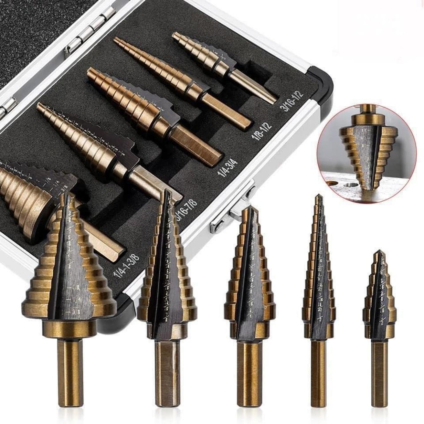 5pcs HSS Step Drill Bit Set Titanium Steel Cone Hole Cutter with Aluminum Case