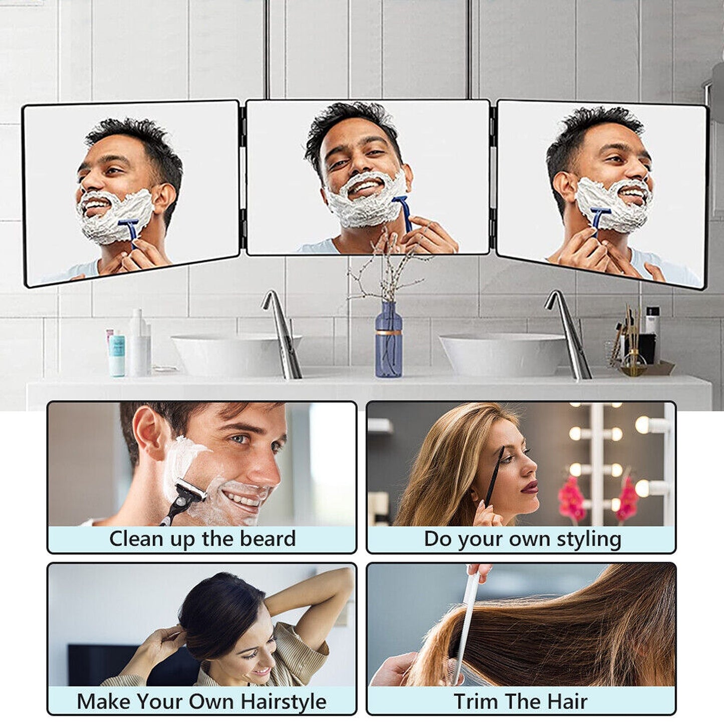 Tri-Fold Adjustable Makeup Mirror with Hanging Hook for Haircutting and Styling
