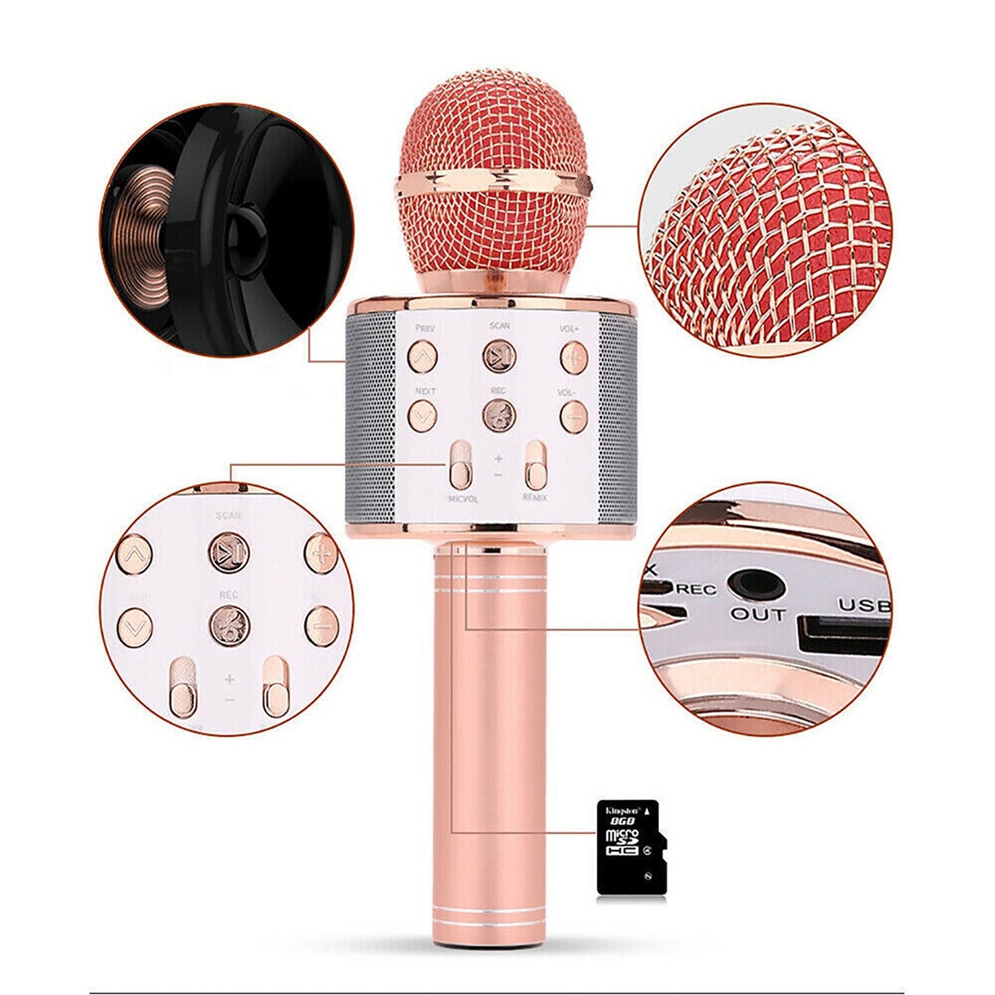 Wireless Bluetooth Handheld Karaoke Microphone with Speaker USB Mic