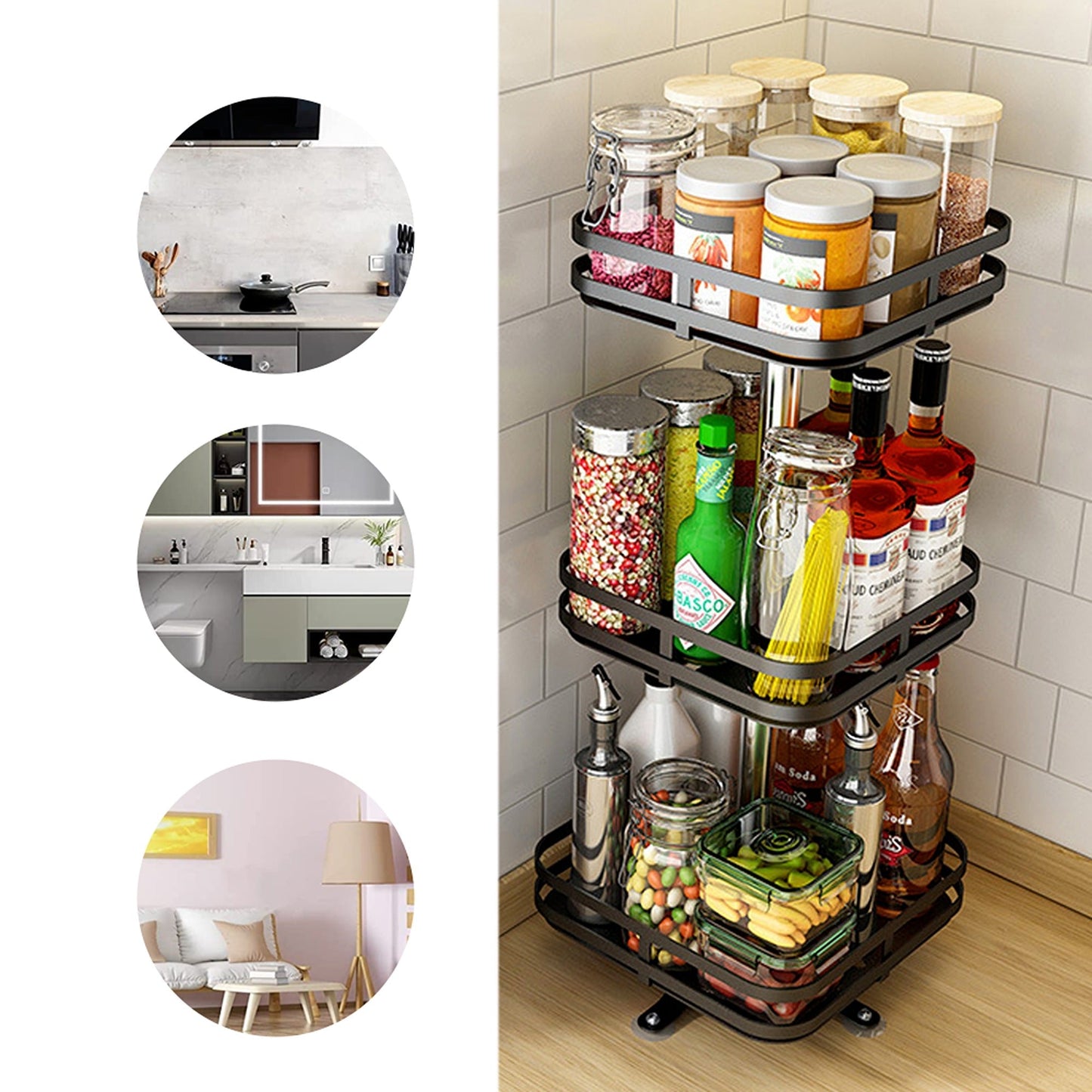 Rotating Kitchen Spice Rack Round Pantry Shelf Storage Organiser