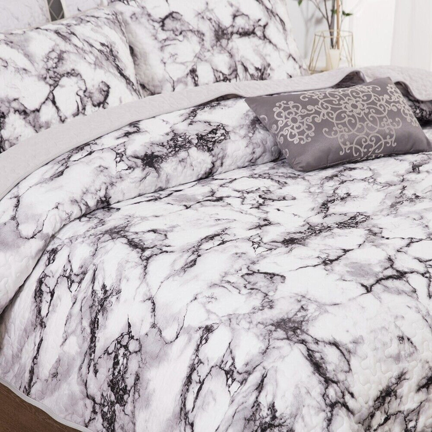 Marble Pattern Queen Size Quilted Bedspread Patchwork Comforter Set