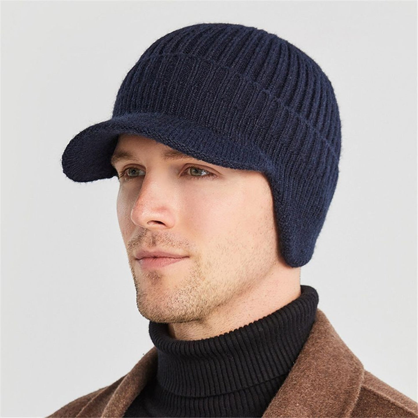 Men Thick Wool Warm Beanie with Brim for Winter Cycling