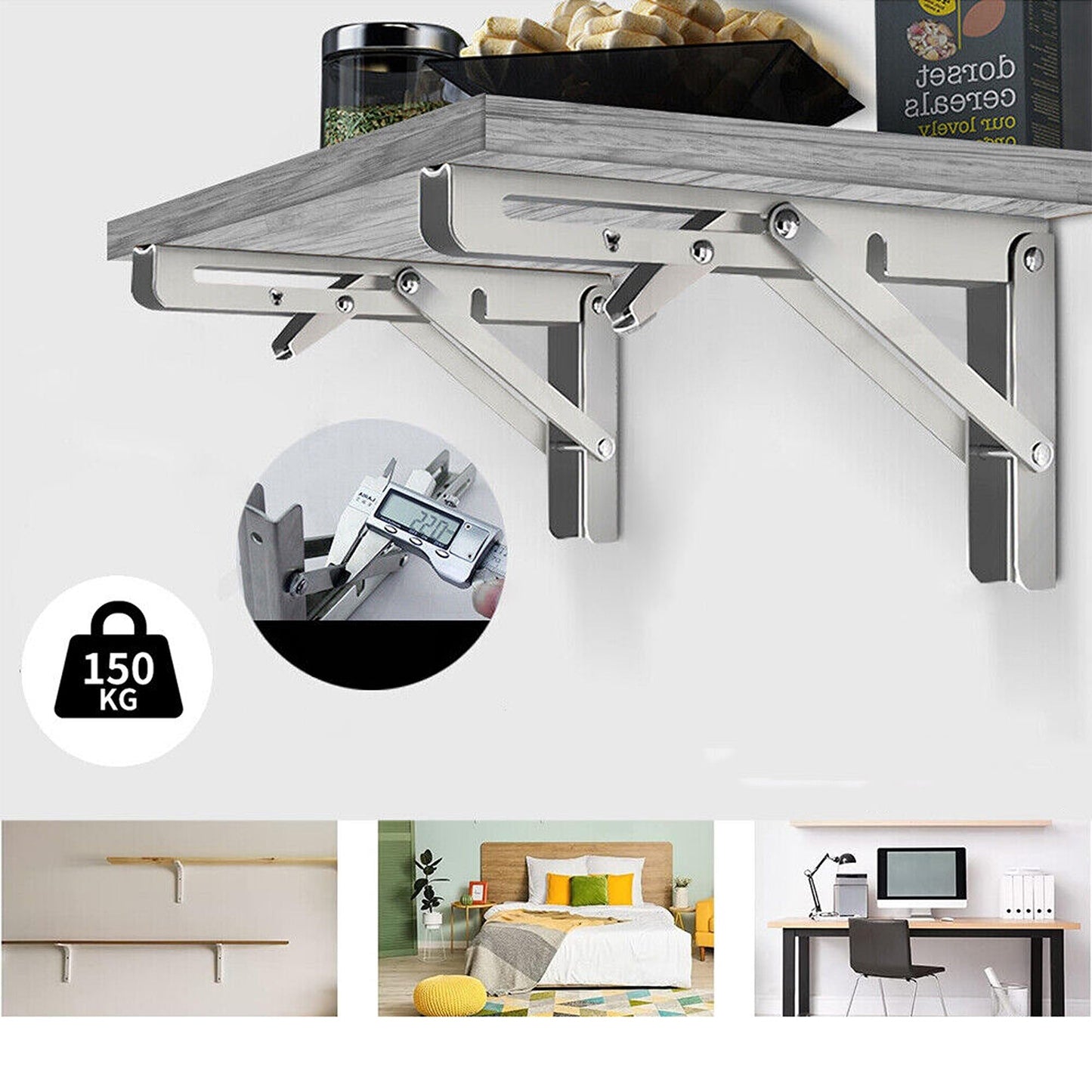 Heavy Duty Folding Shelf Bracket Stainless Steel Load 150kg - 2 Pack