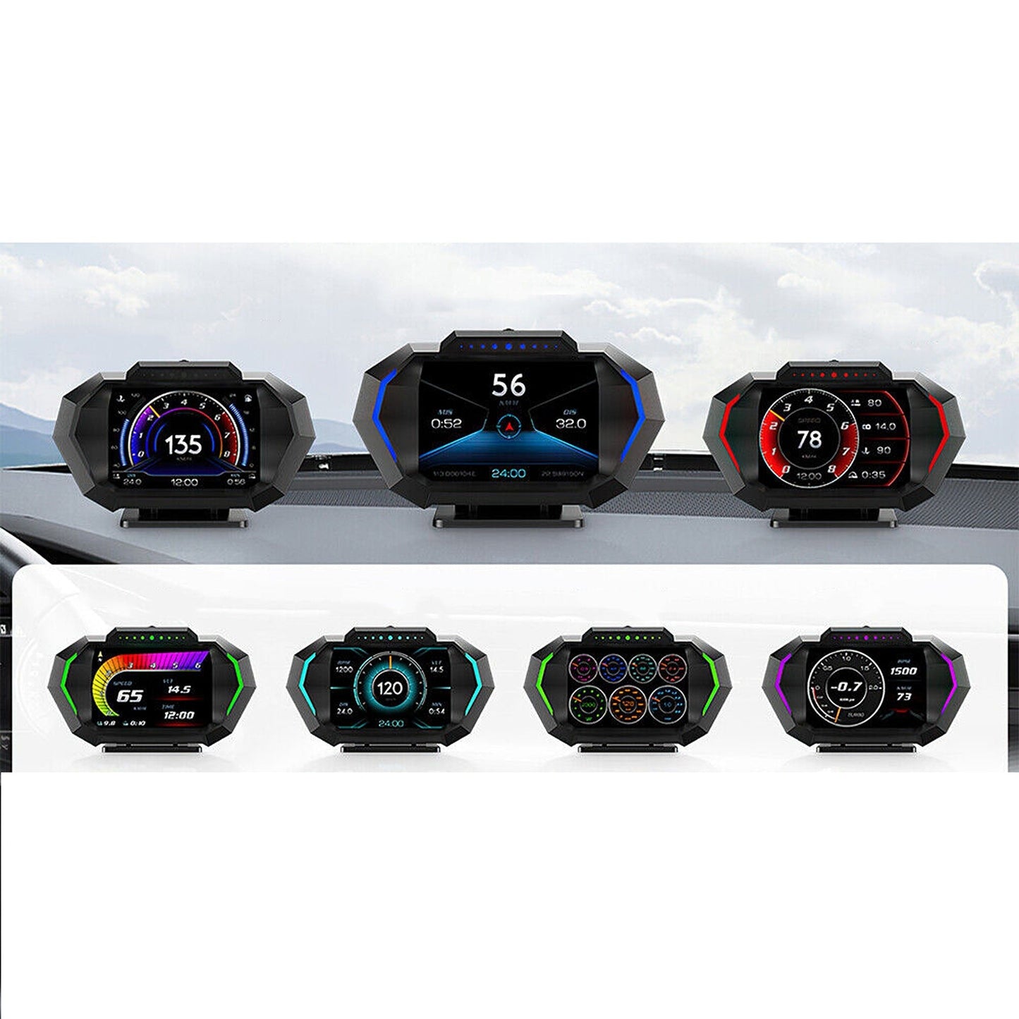 Digital Car HUD OBD2 and GPS Gauge with Speedometer Turbo RPM and Temp Alarms