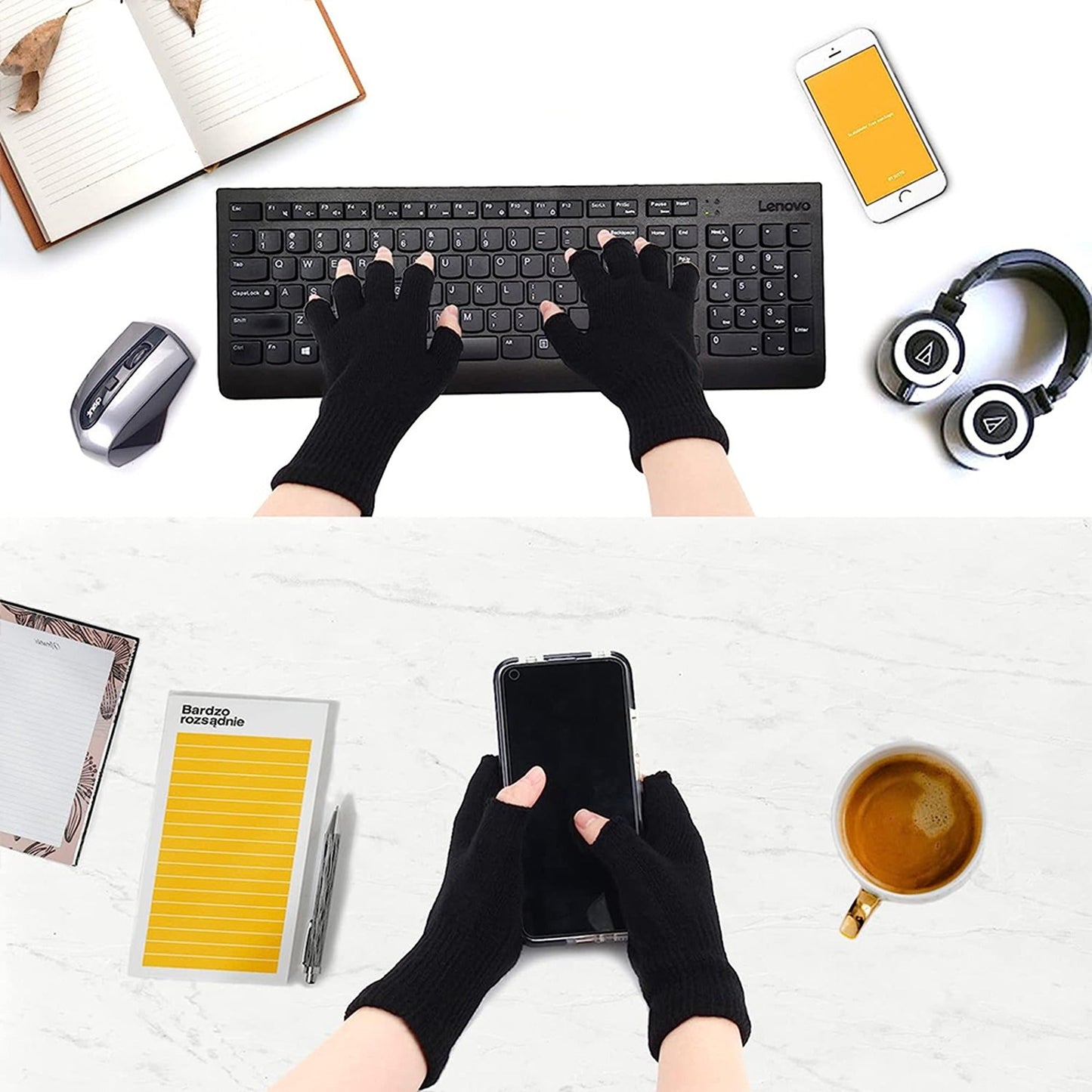 2 Pair Black Soft Knitted Winter Fingerless Gloves Unisex Open Finger