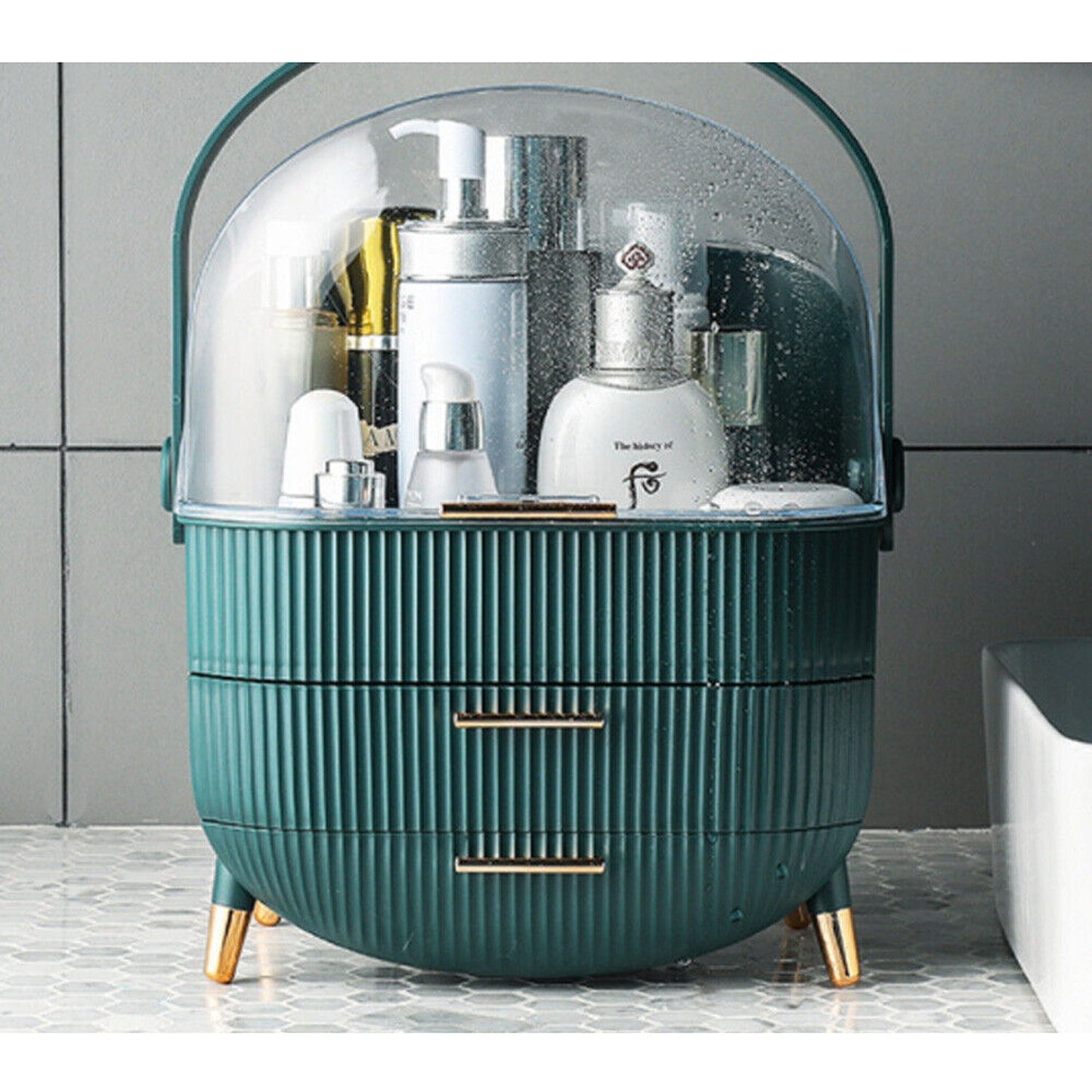Portable Makeup Organizer Case with Cosmetic Storage and Jewelry Drawers