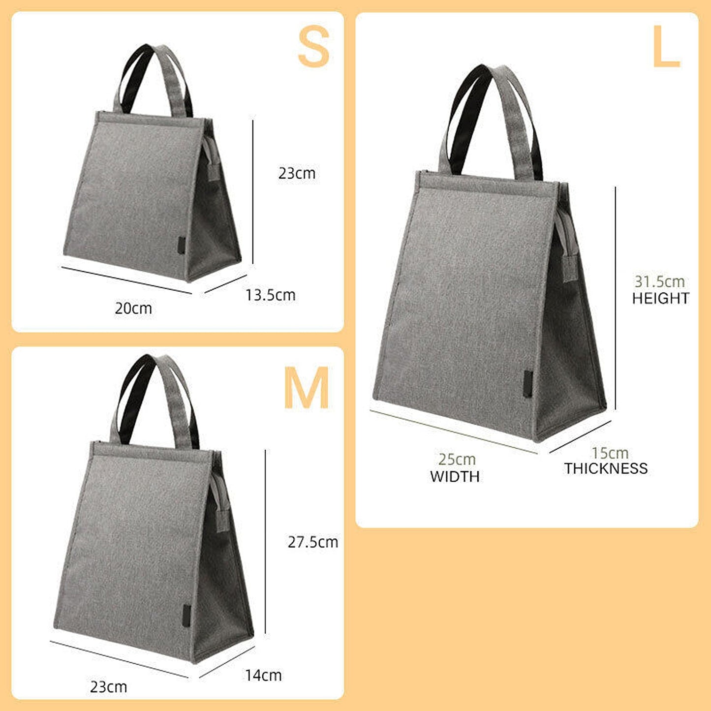 Grey Insulated Lunch Bag Thermal Bento Box Carrier for Work and Office