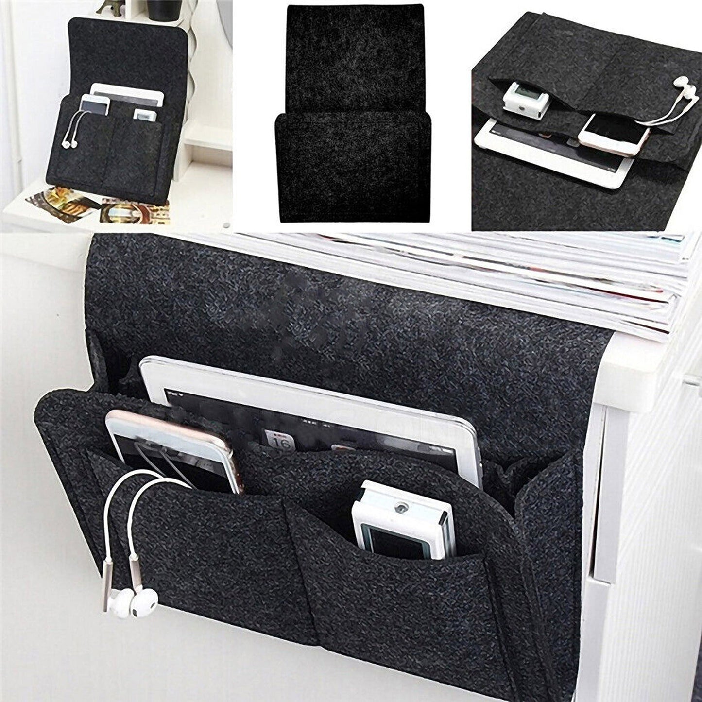 Black Bedside Armrest Storage Organizer with Pockets
