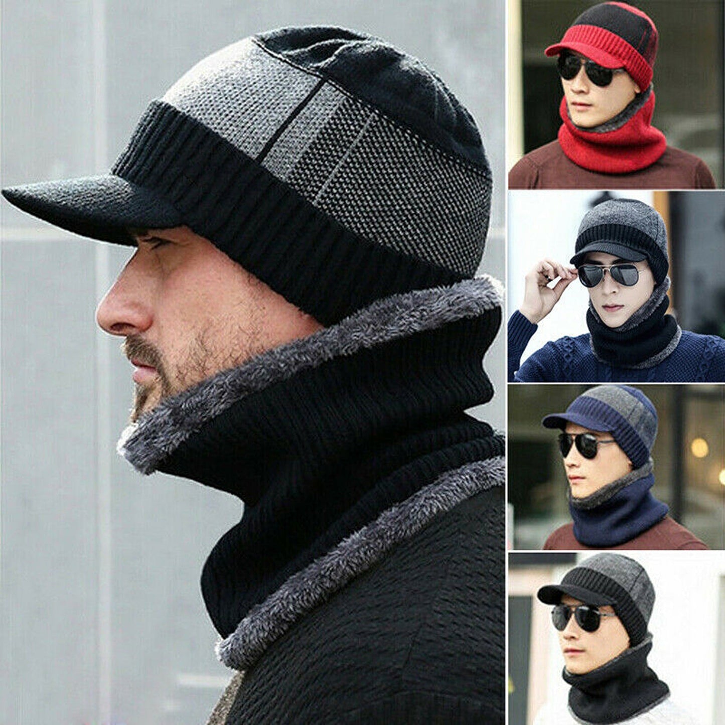 Men Fleece Lined Winter Beanie and Scarf Set Fashion Warm Ski Cap