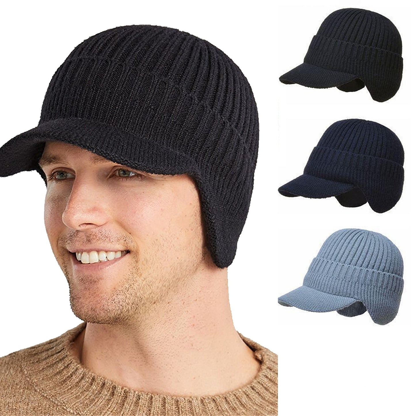 Men Thick Wool Warm Beanie with Brim for Winter Cycling