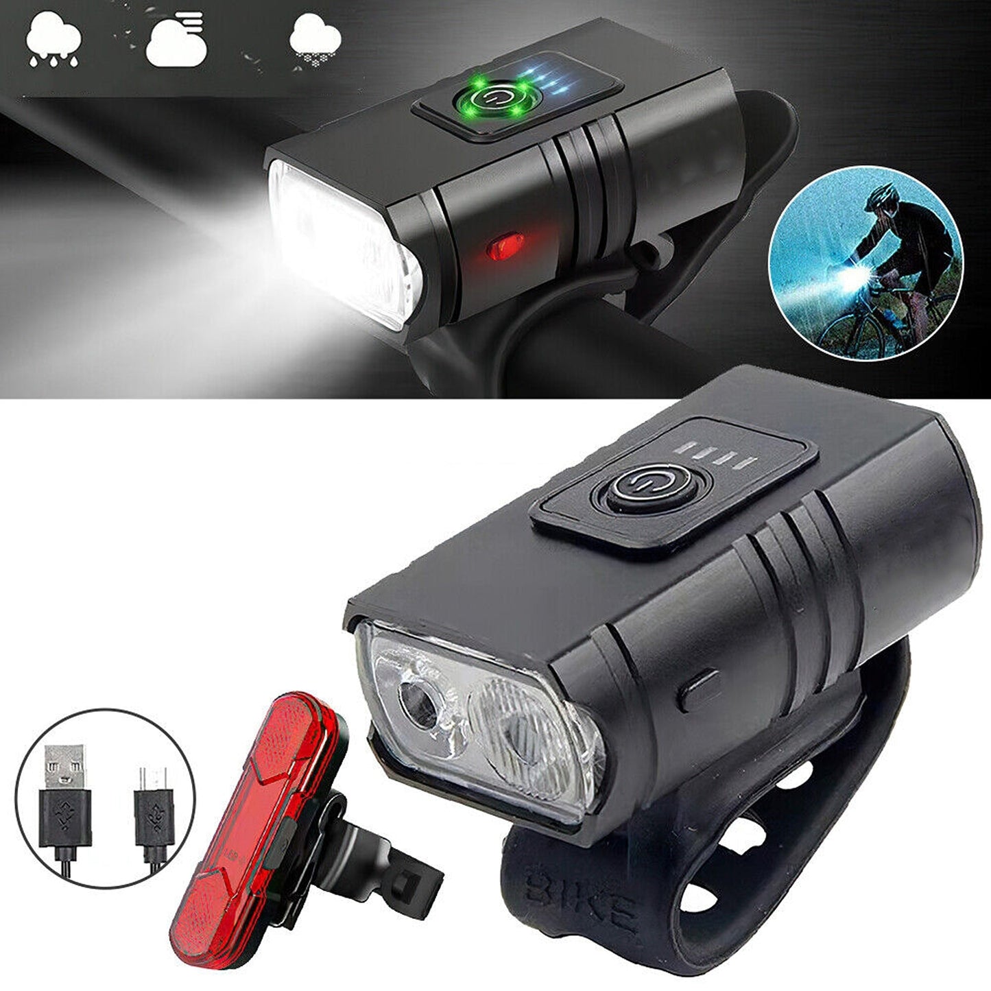 Rechargeable LED Bicycle Light Set T6 Front and Rear Headlight Tail Light