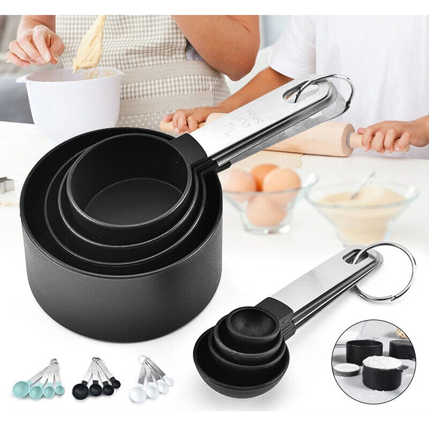 Black Measuring Cups and Spoons Set Stainless Steel 4 Pieces