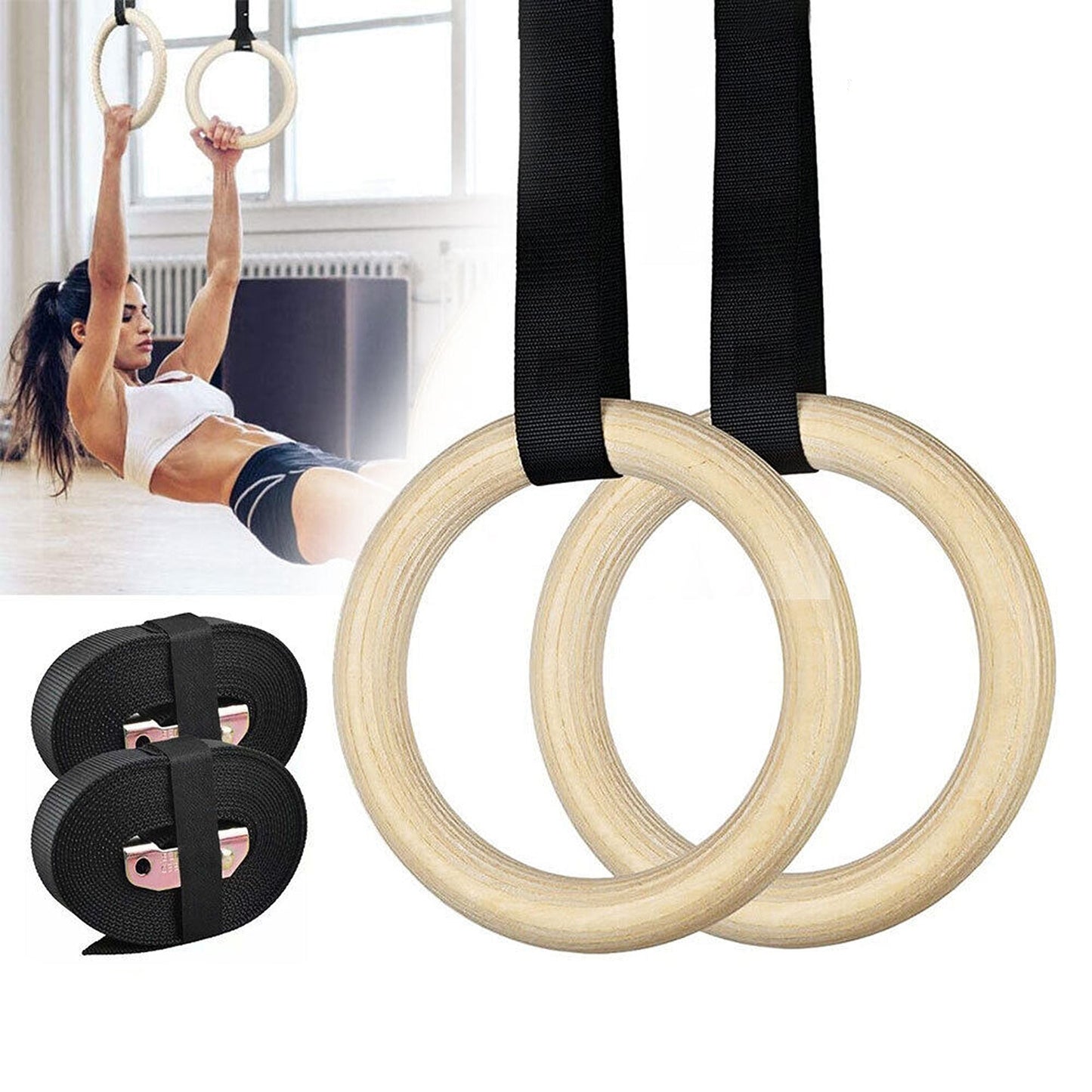 Wooden Gymnastic Rings with Adjustable Straps for Crossfit and Strength Training