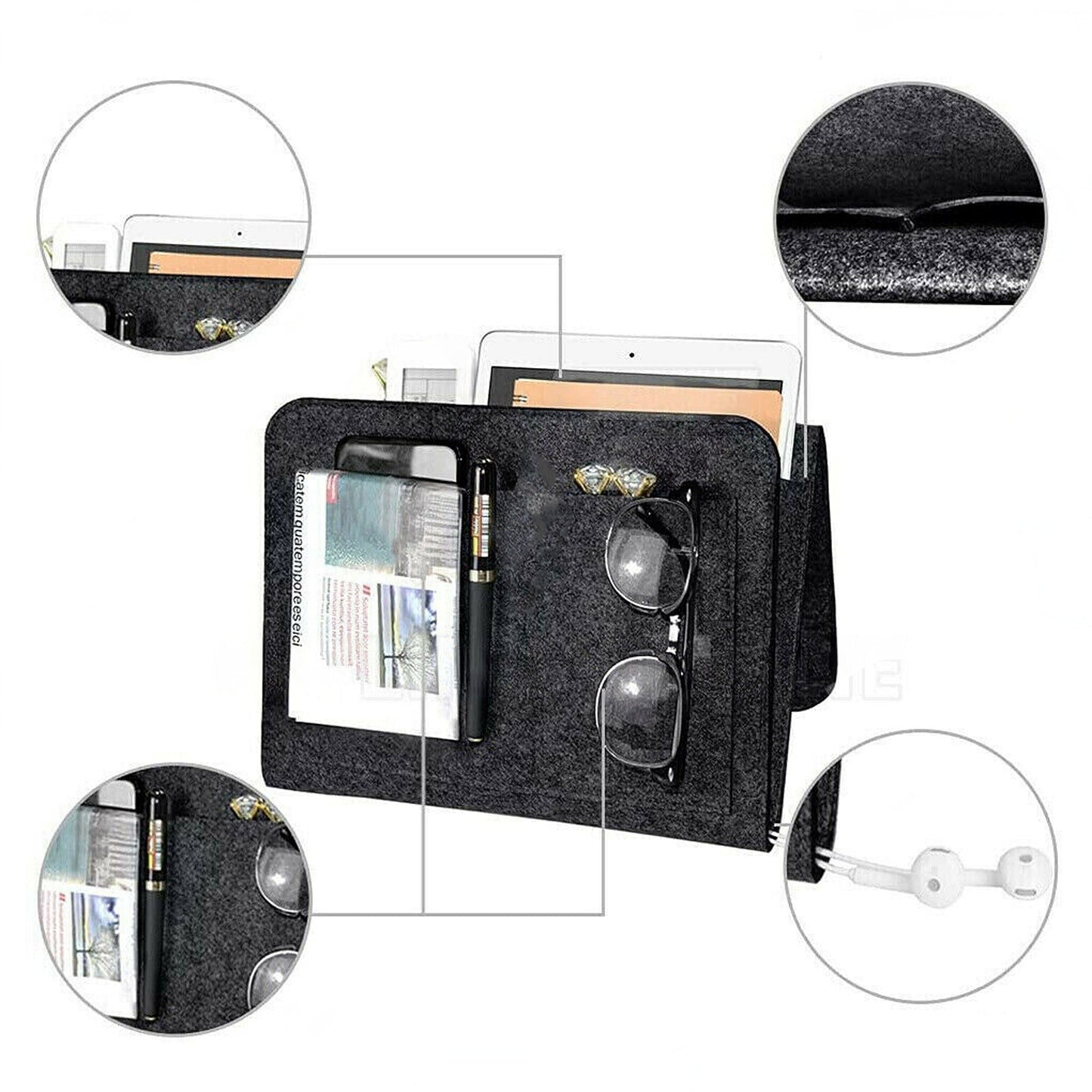 Black Bedside Armrest Storage Organizer with Pockets