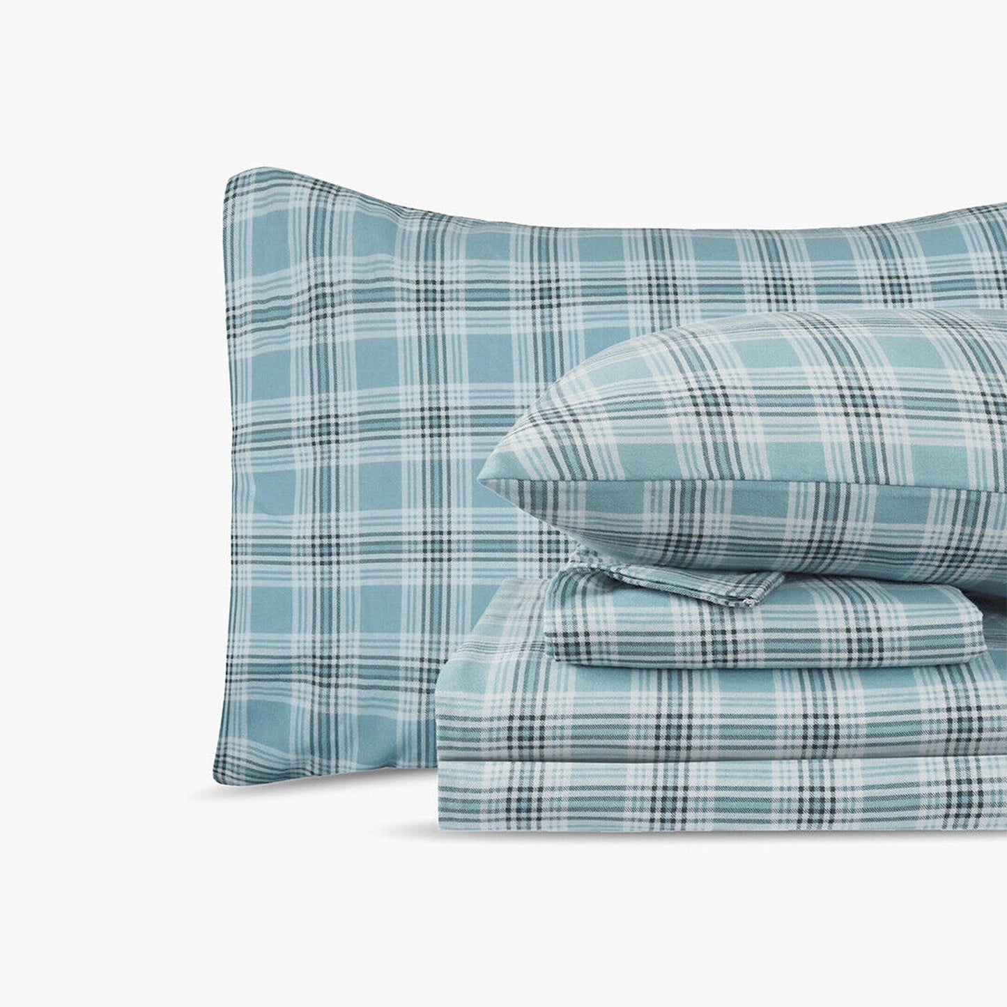 Green Plaid Cotton Flannelette Sheets Set with Standard Pillow Case Single Double Queen King