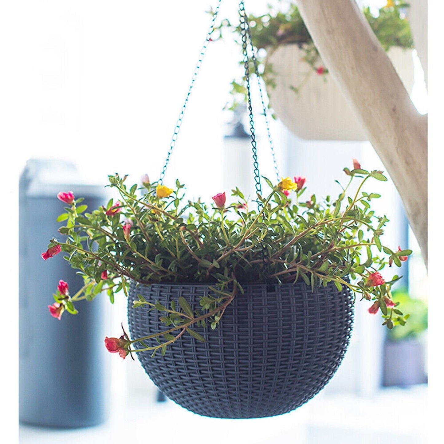 2pcs Dark Gray Landen Rattan Hanging Plant Pots Flower Baskets Wall Garden Planters