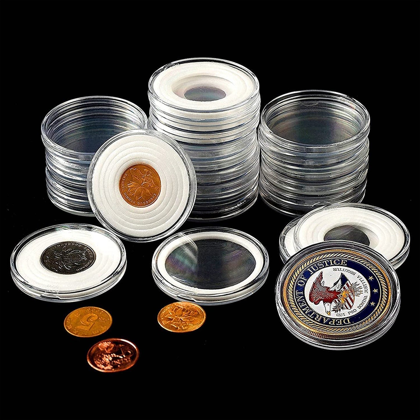 20pcs Coin Storage Display Case Clear Round Plastic Capsules with Eva Pad