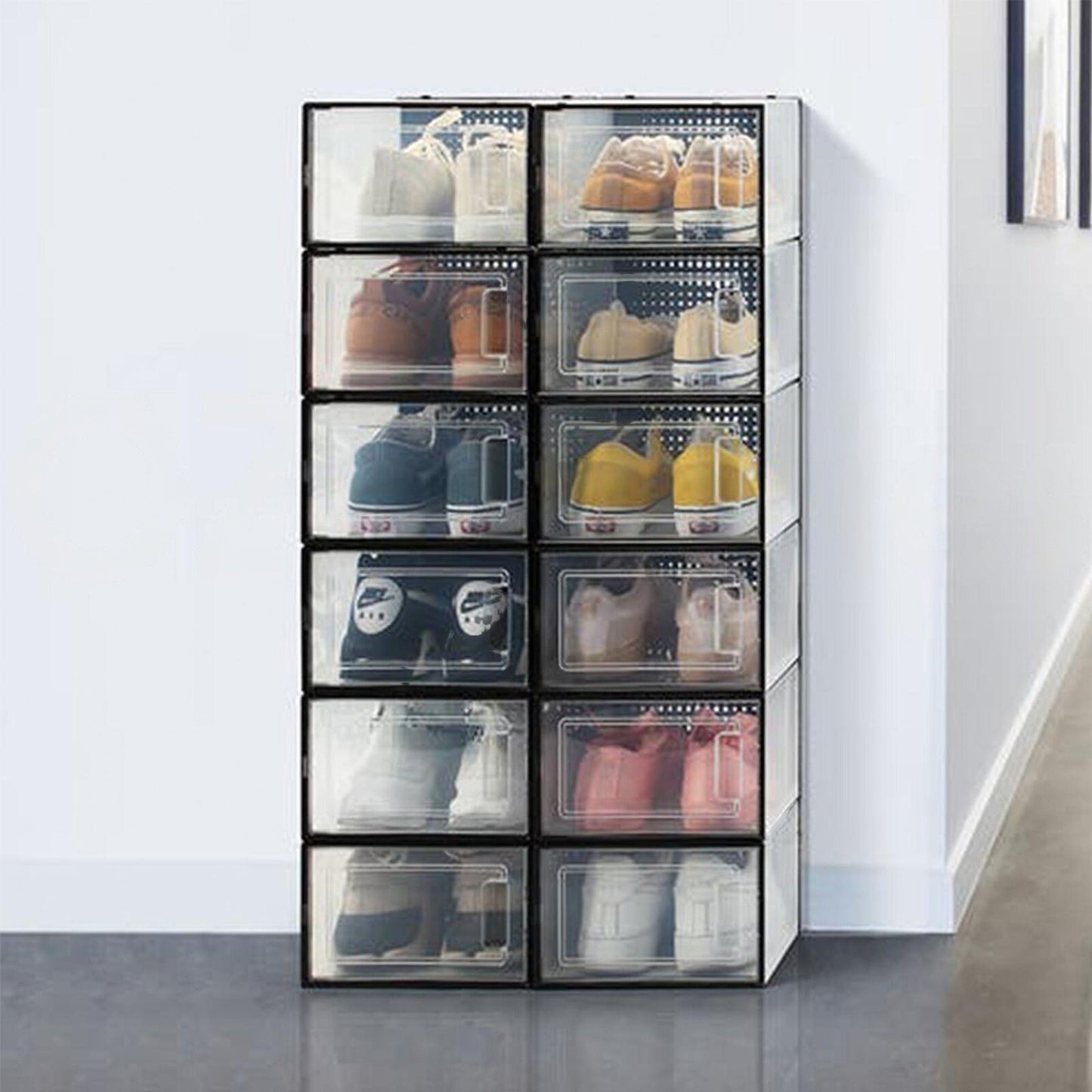 Set of Transparent Stackable Shoe Storage Boxes Black Drawers