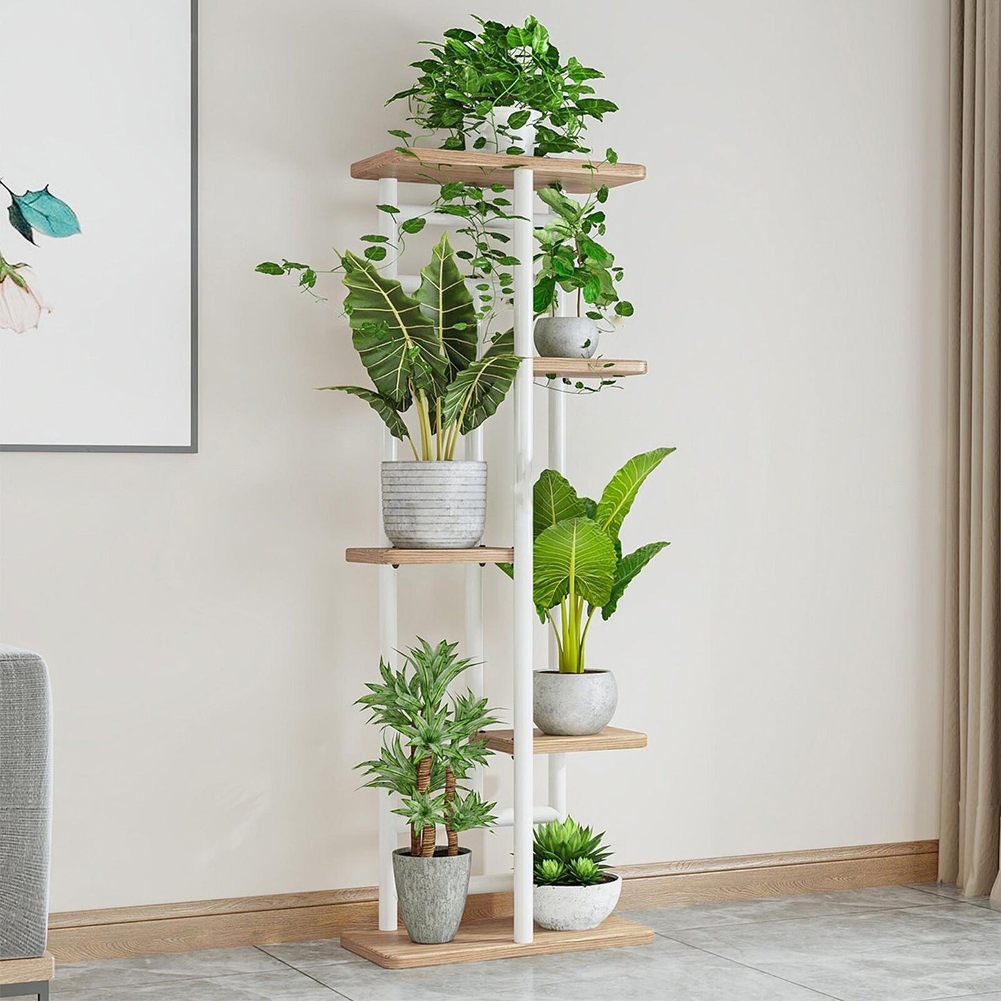 Multi-Tier Wooden Plant Display Rack for Indoor and Outdoor Use