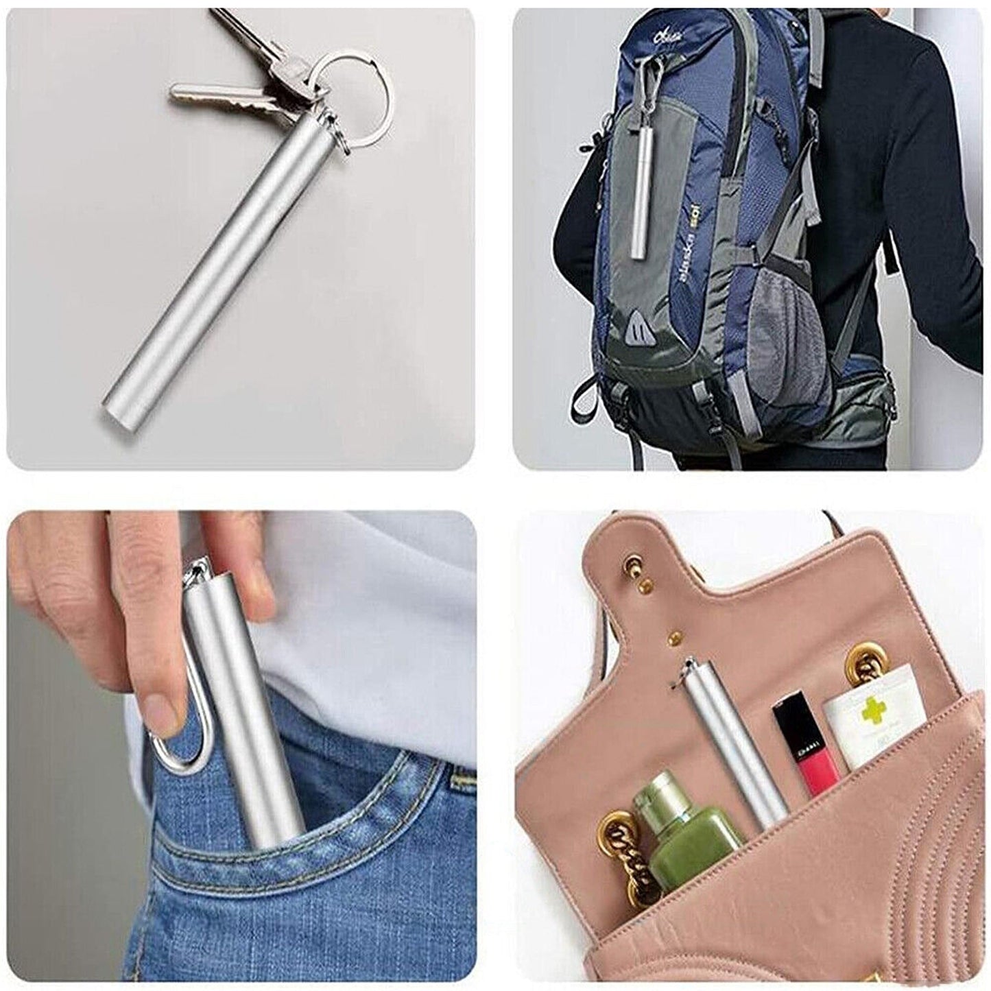 Stainless Steel Foldable Drinking Straw Metal Reusable with Cleaning Brush Keyring