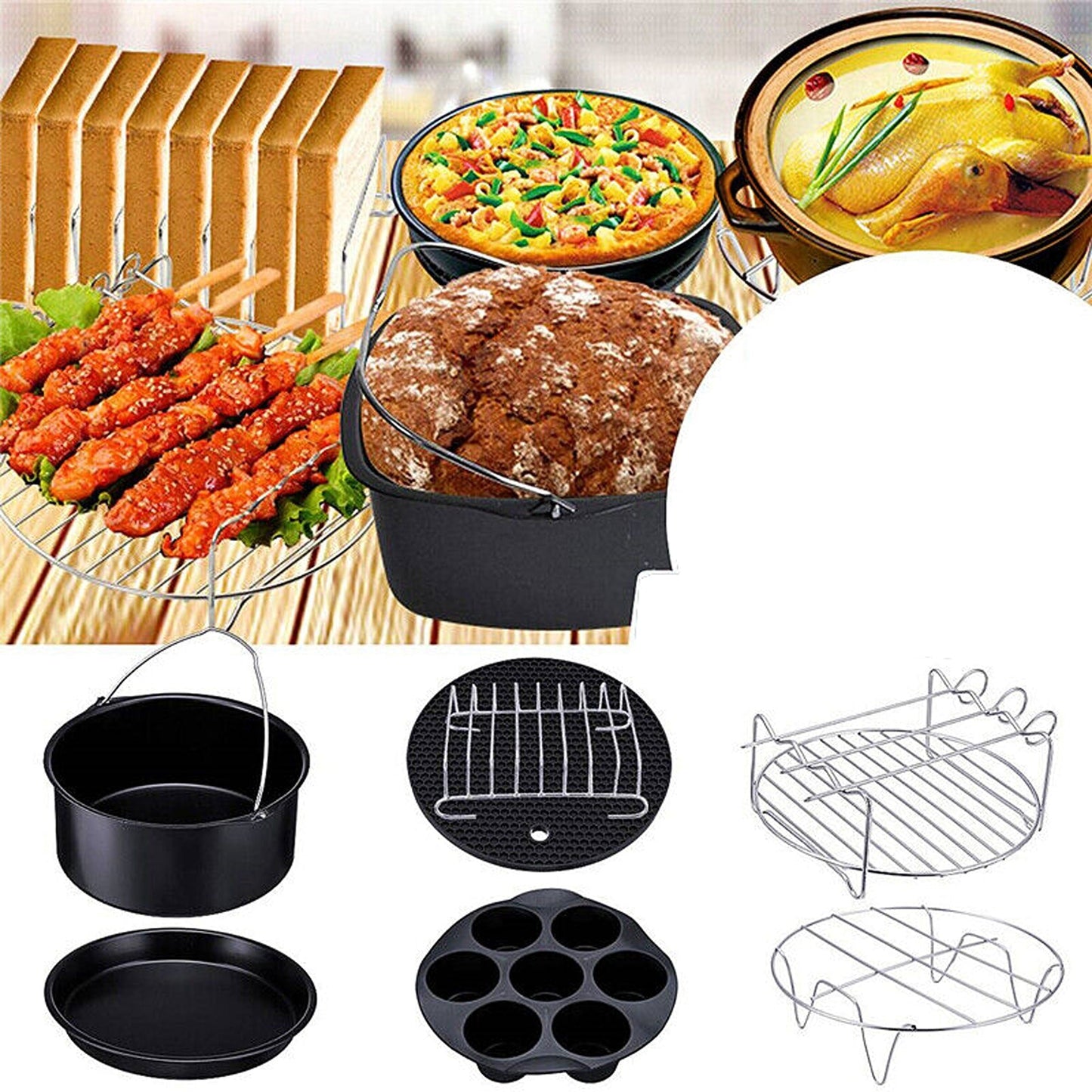 Air Fryer Accessory Kit with Frying Cage Baking Pan and Pizza Tray