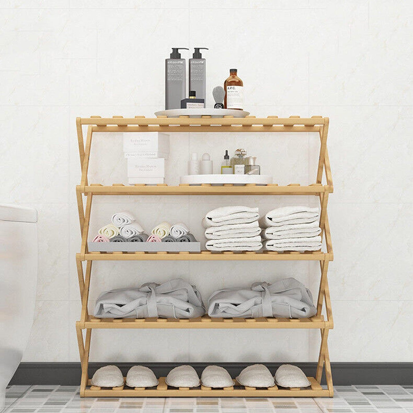 Bamboo Folding Shoe Rack with Multi-Tier Storage Shelf