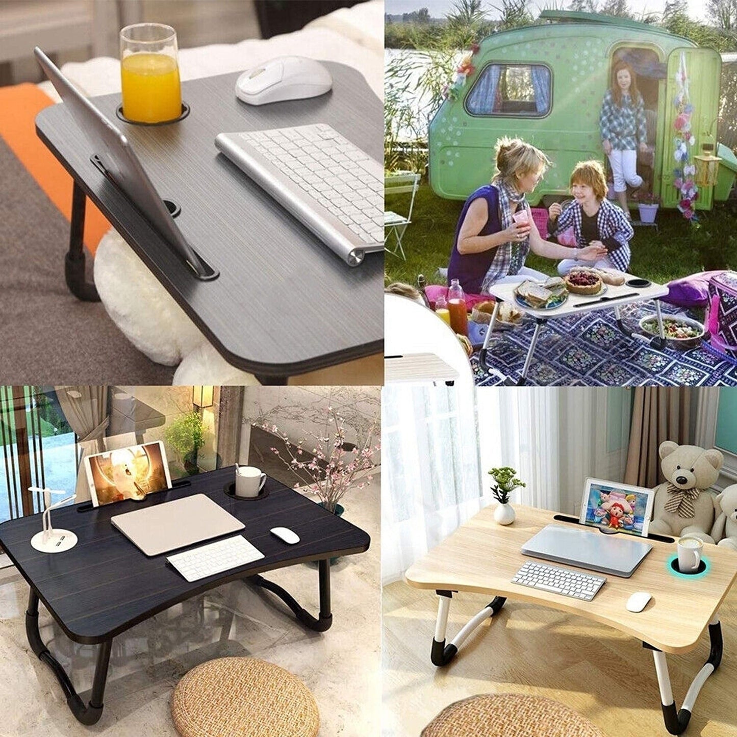 Portable Lap Desk for Laptop Foldable Bed Table with Cup Slot Picnic Tray
