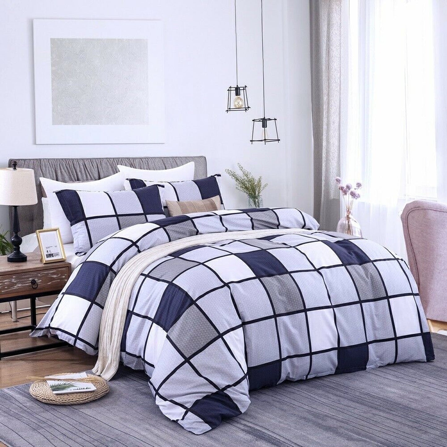 Checked Cotton Quilt Duvet Cover Set for Single to King Size Beds
