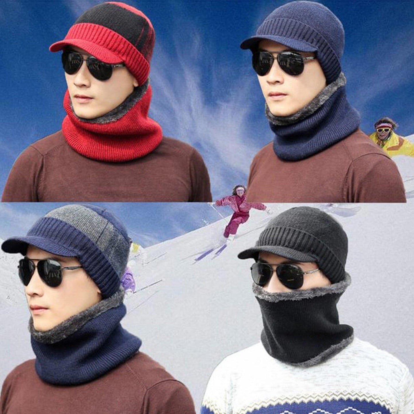 Men Fleece Lined Winter Beanie and Scarf Set Fashion Warm Ski Cap