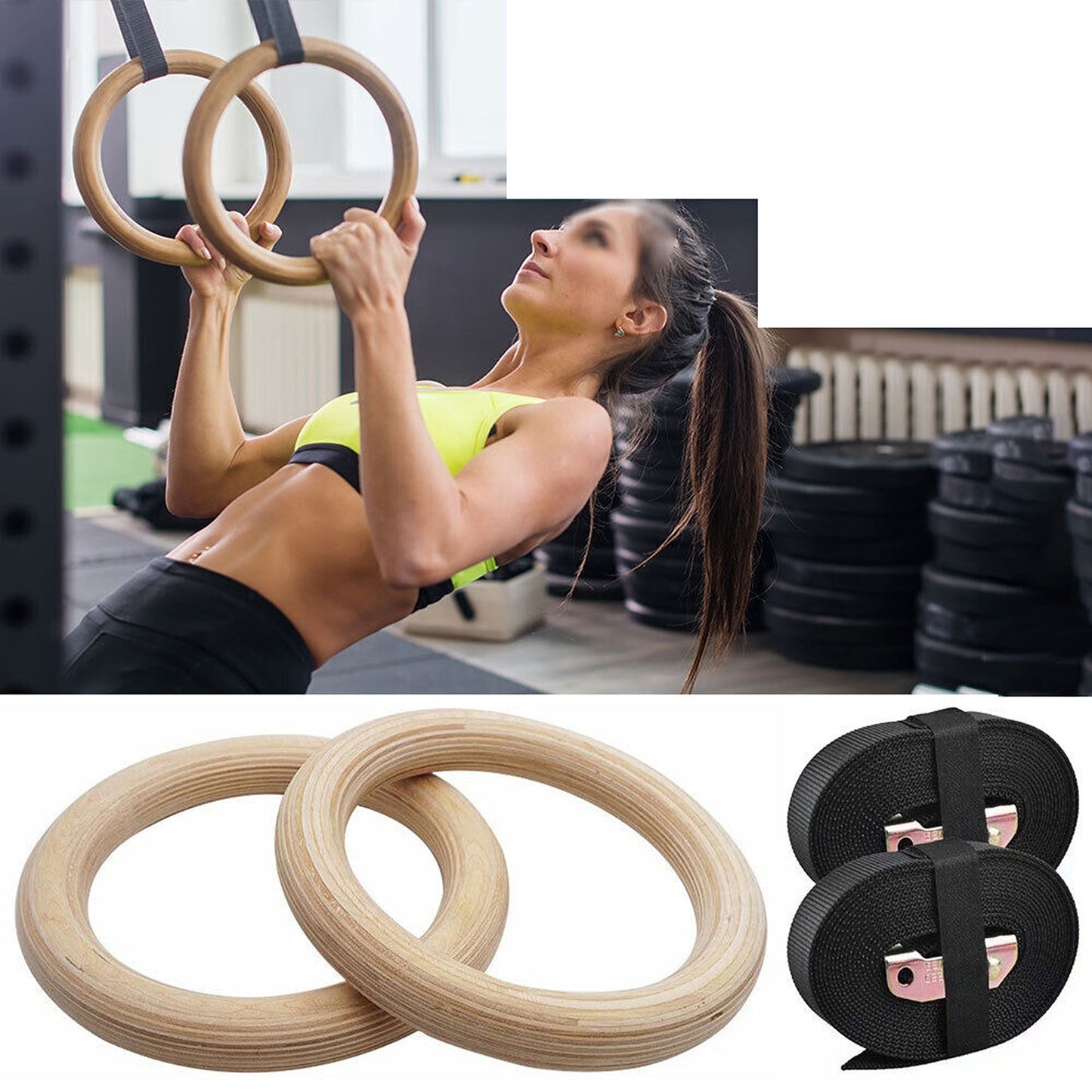 Wooden Gymnastic Rings with Adjustable Straps for Crossfit and Strength Training