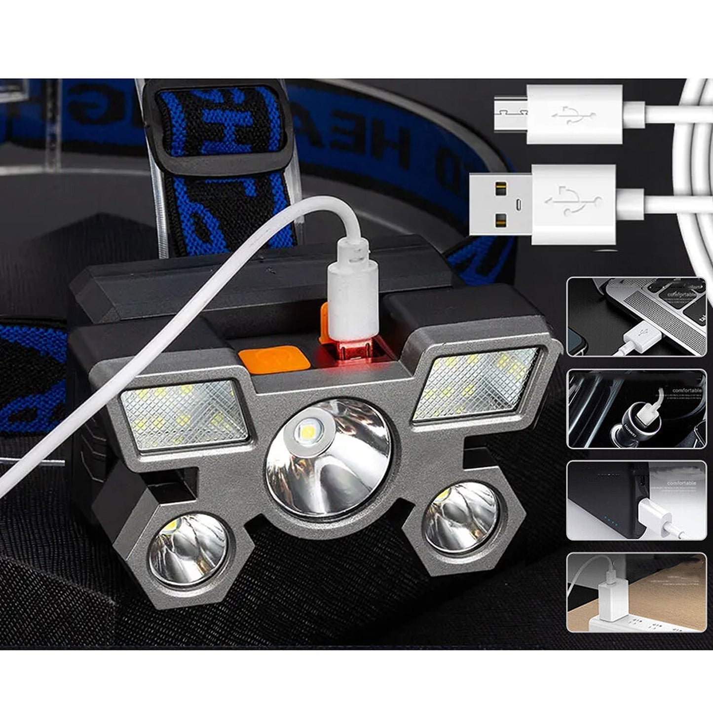 Rechargeable Headlamp Flashlight LED USB Light Camping Lamp