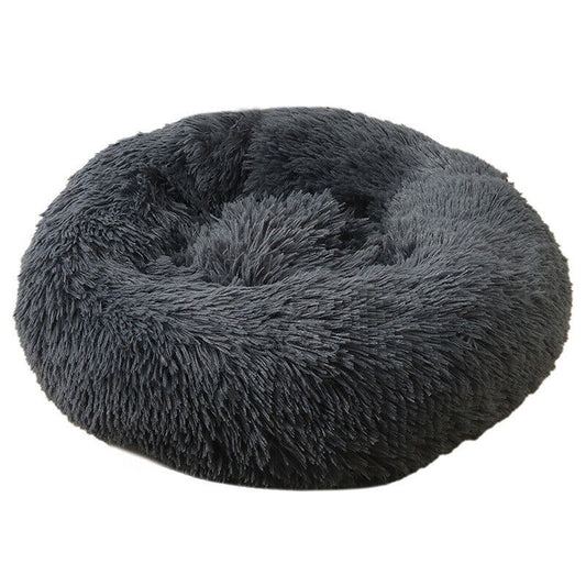 Grey Plush Round Nest Pet Dog Cat Calming Bed Comfy Sleeping Kennel Cave