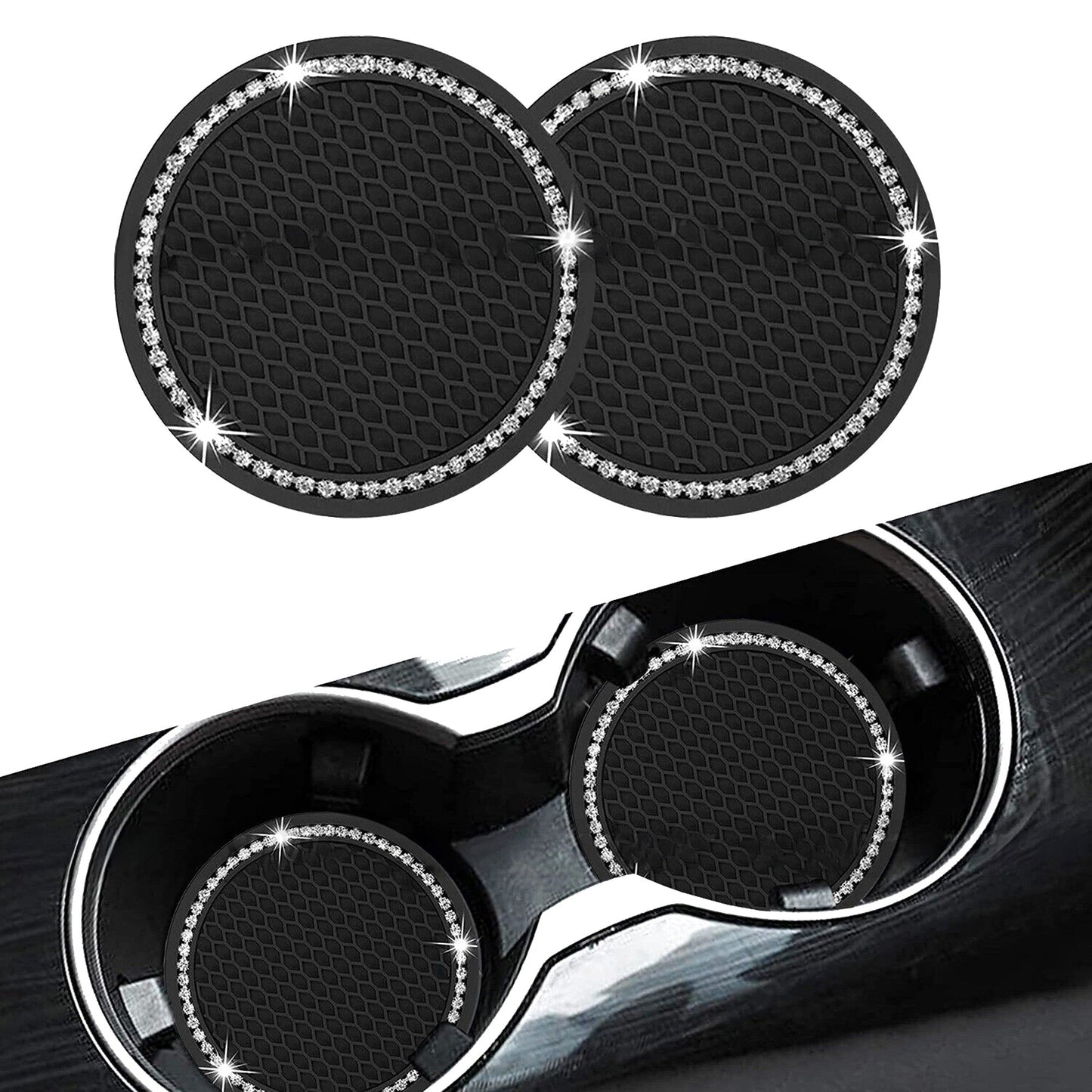 2pcs Anti-Slip Black Car Coasters Bling Cup Holder Inserts
