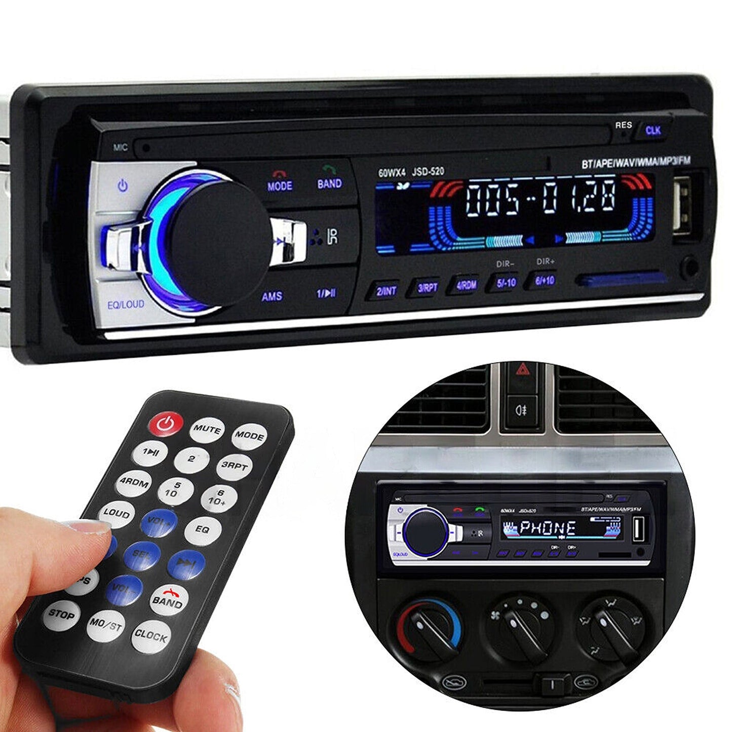 1Din Car Stereo with Bluetooth FM MP3 USB SD AUX Audio Player