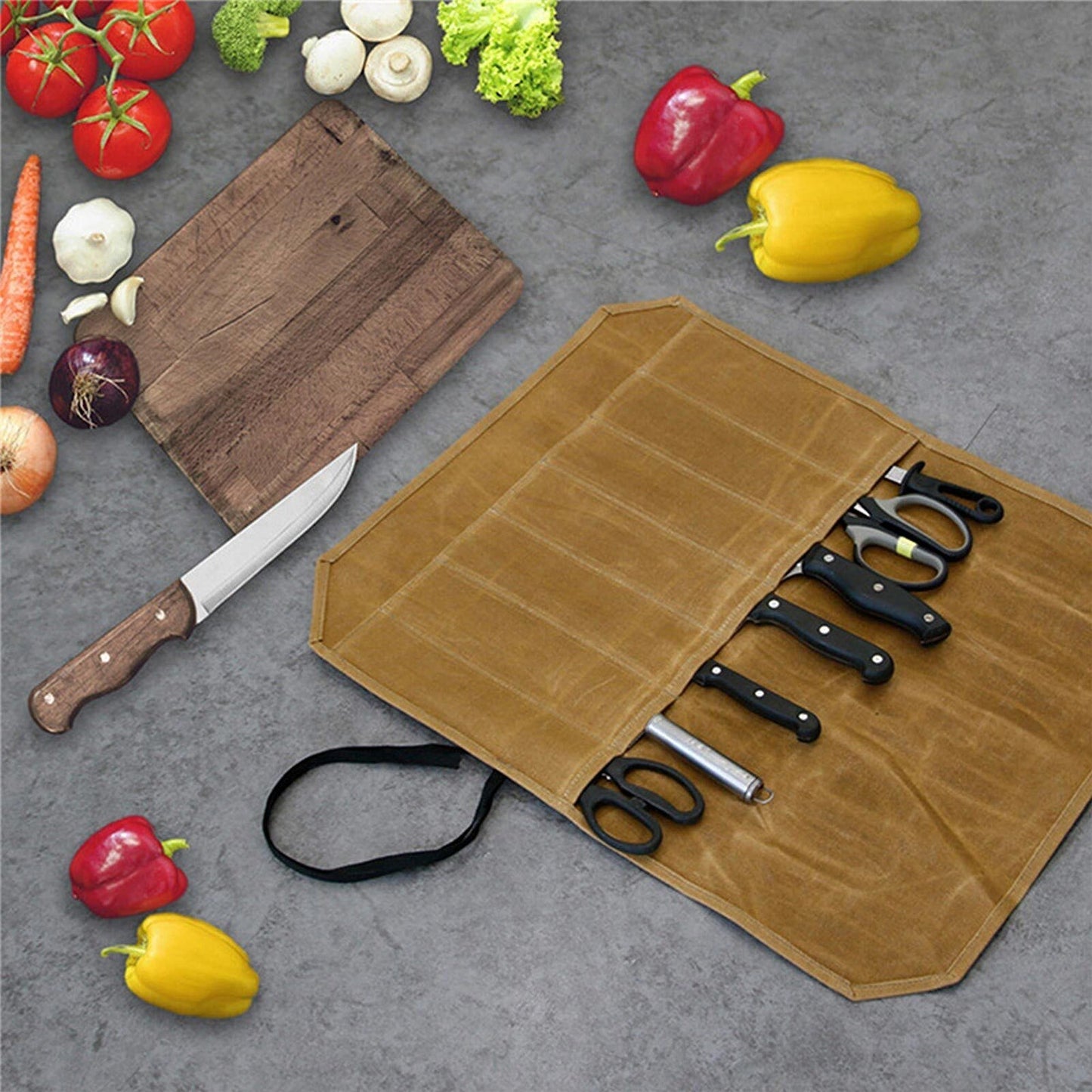 Waxed Canvas Chef Knife Roll Bag 7 Slot Storage Case