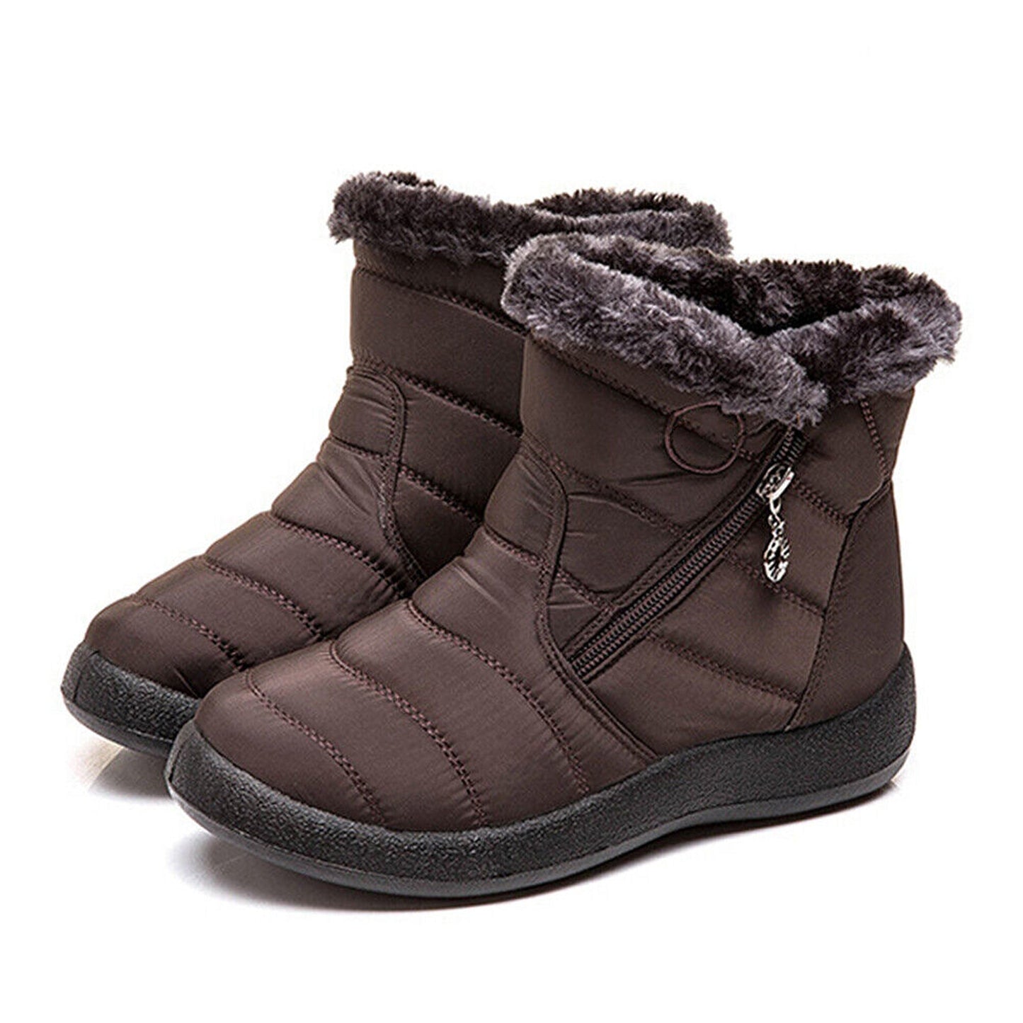 Brown Women Brown Fur Lined Snow Ankle Boots Winter Warm Waterproof Flat Shoes