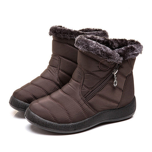 Brown Women Brown Fur Lined Snow Ankle Boots Winter Warm Waterproof Flat Shoes