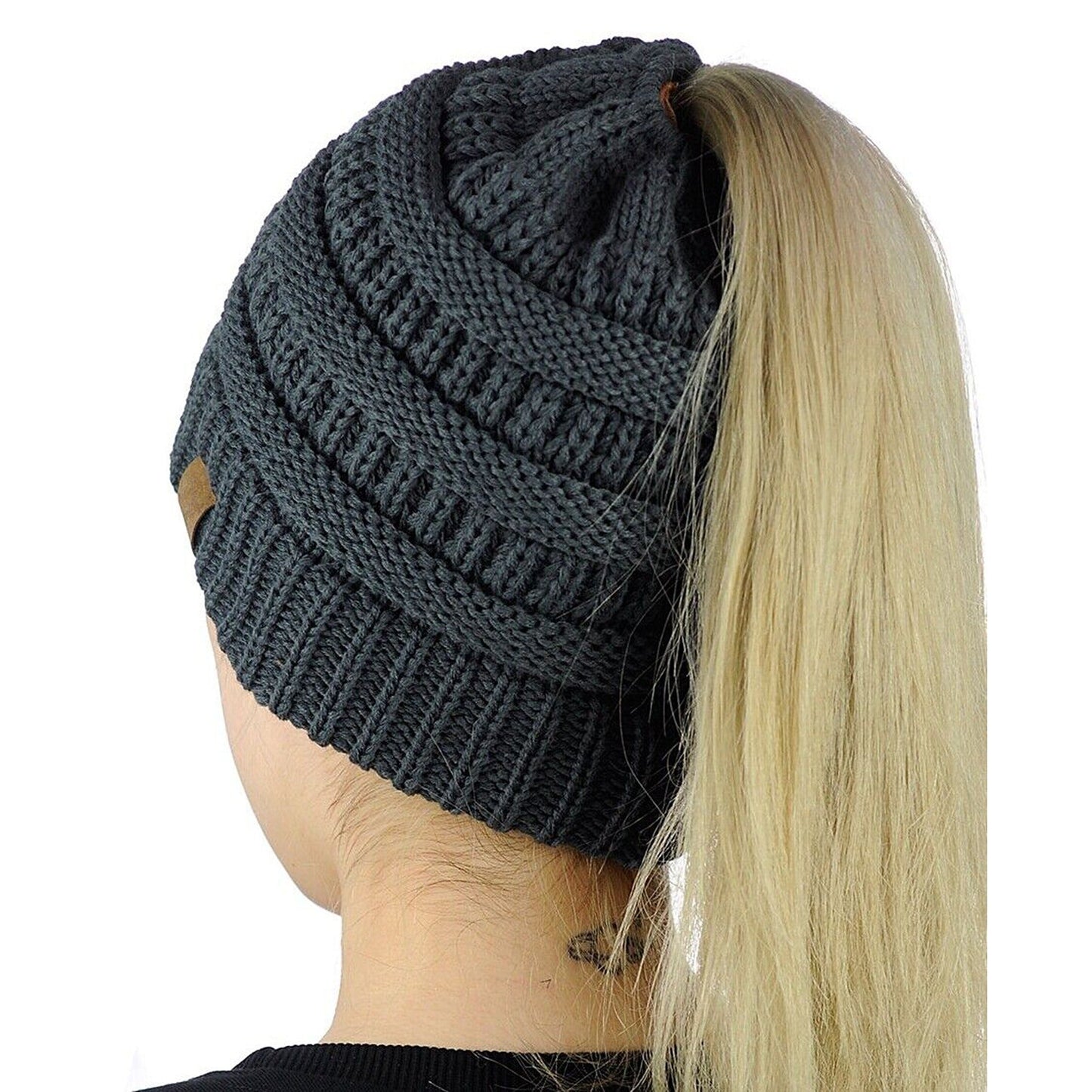 High Bun Ponytail Beanie for Women Soft Stretch Cable Knit Crochet Hat