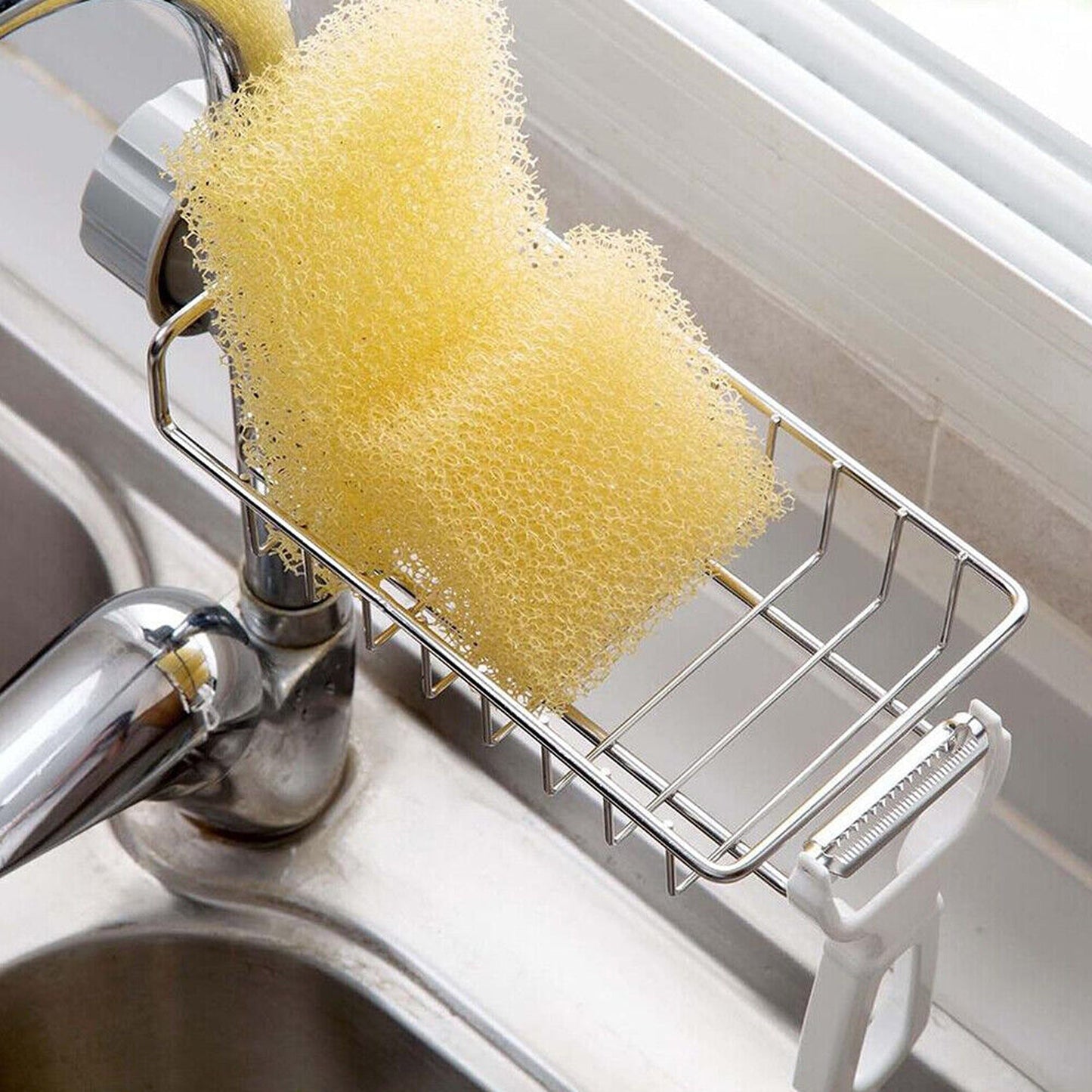 Sponge Holder for Kitchen Sink Faucet Shelf with Cloth Rack Organizer