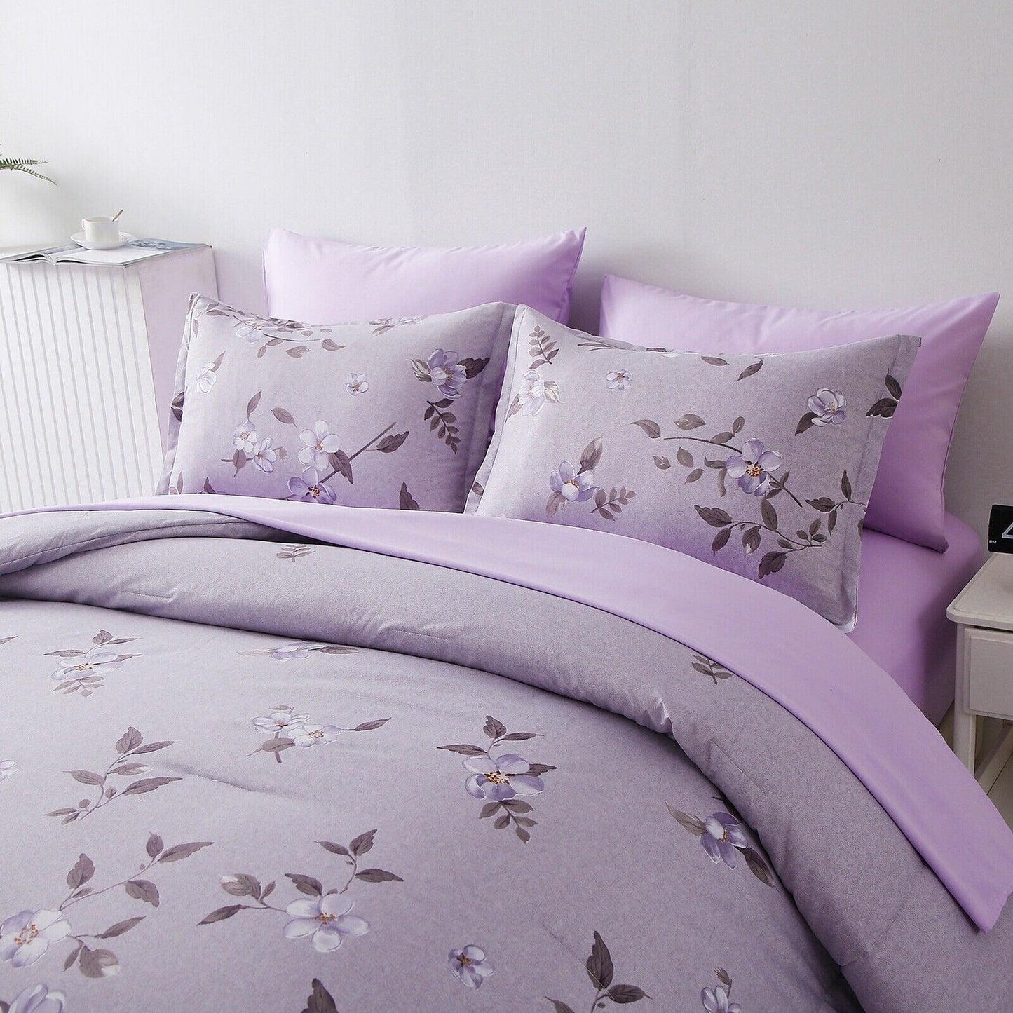 Leaves Pattern Purple Soft Quilt Duvet Cover Set for Queen King Bed
