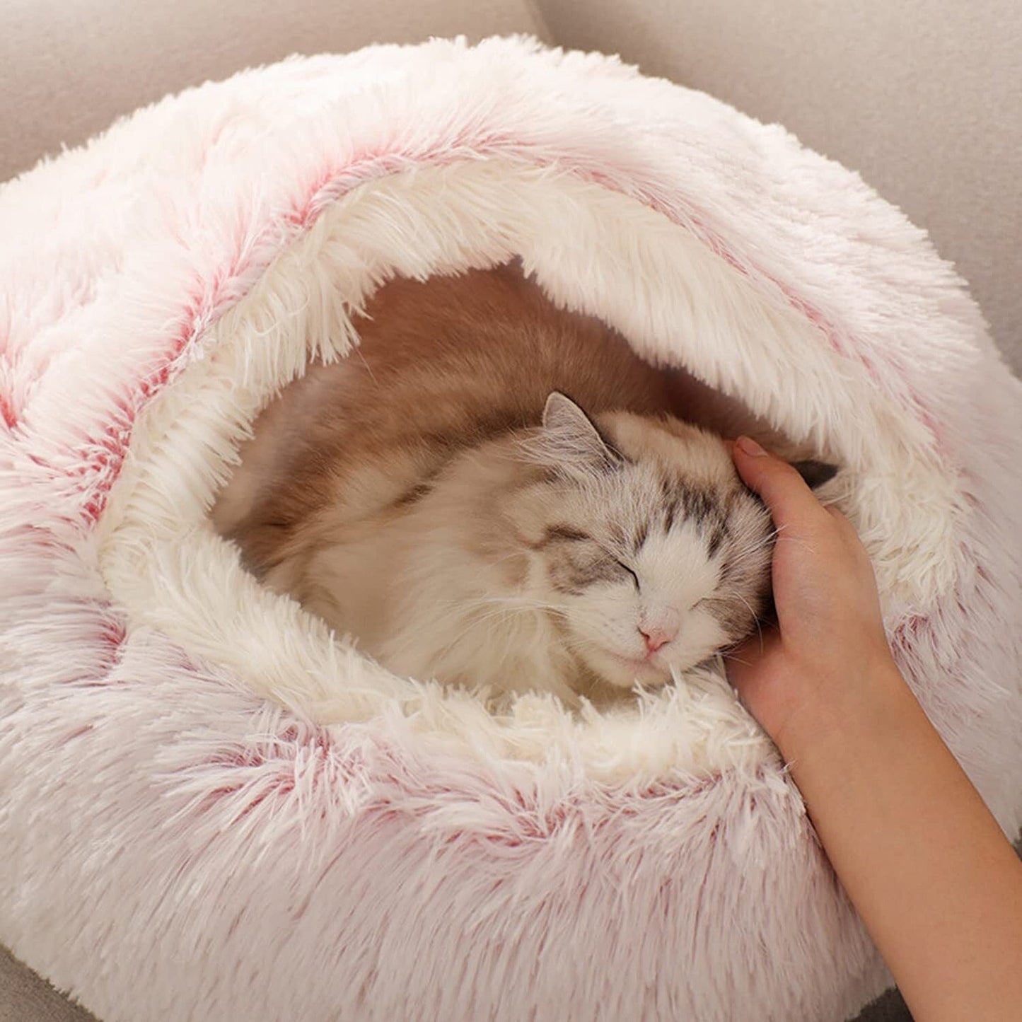 Cuddle Soft Warm Plush Pet Cat Bed Calming Igloo Tent House Pink