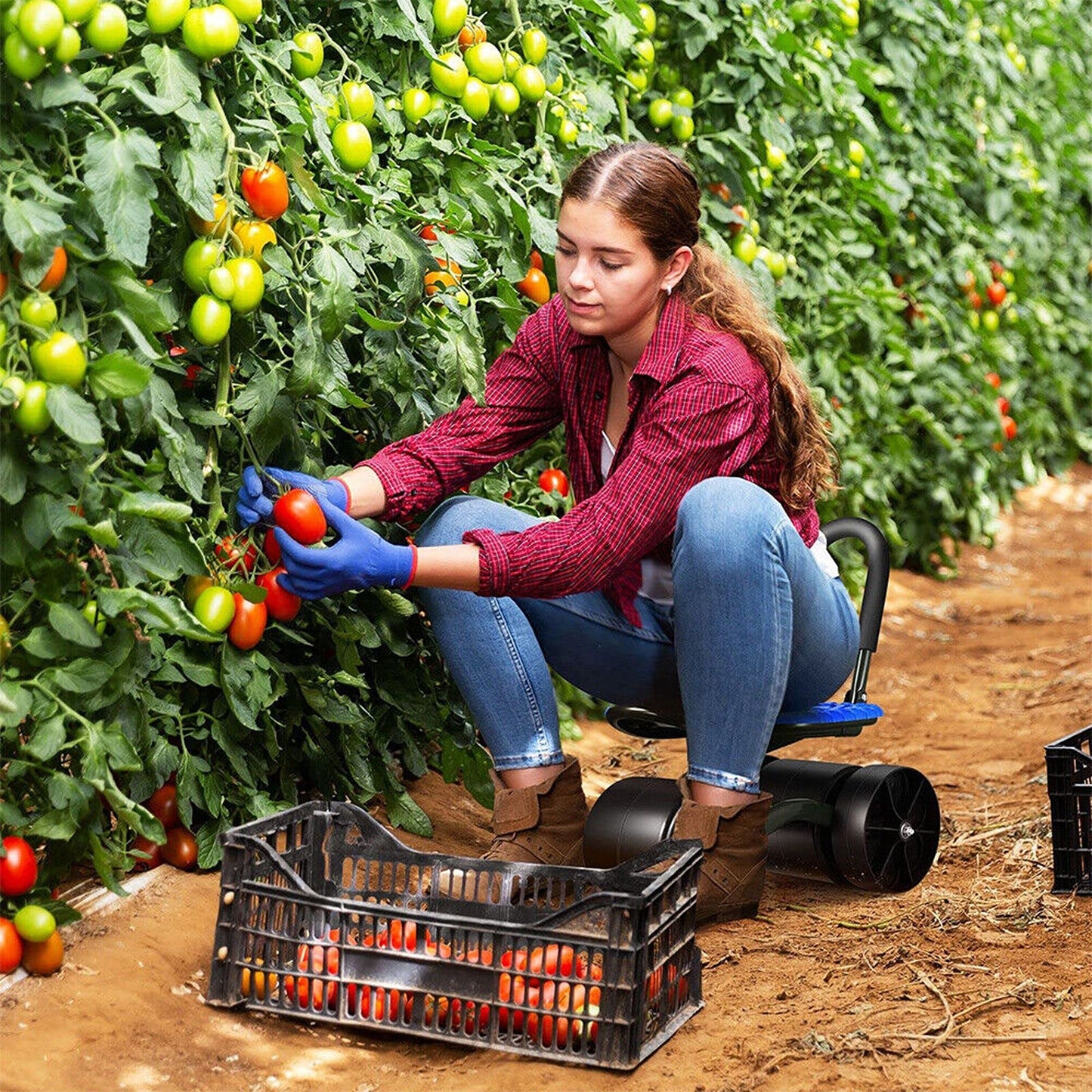 Adjustable Rolling Garden Stool with Wheels 4-Wheel Kneeler Tool