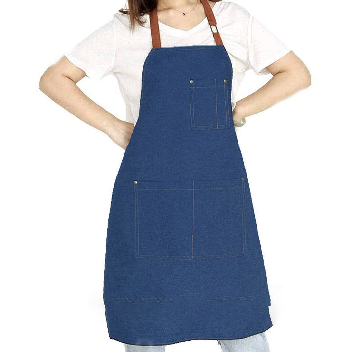 Denim Chef Apron with Adjustable Neck and Pocket for Kitchen Baking