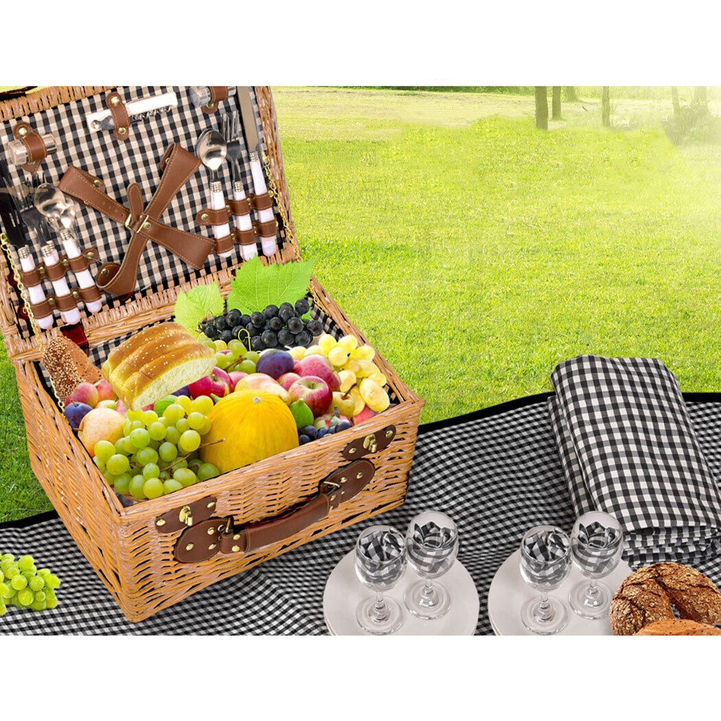 Deluxe Picnic Basket Set for 4 Outdoor Blanket and Willow Storage for Gifts