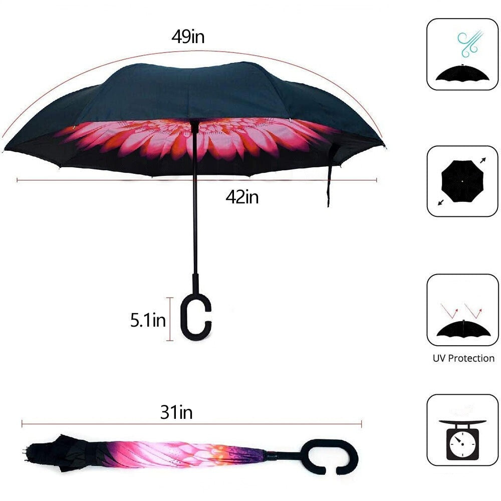 Inverted Windproof Umbrella Double Layer C Handle Reverse Design