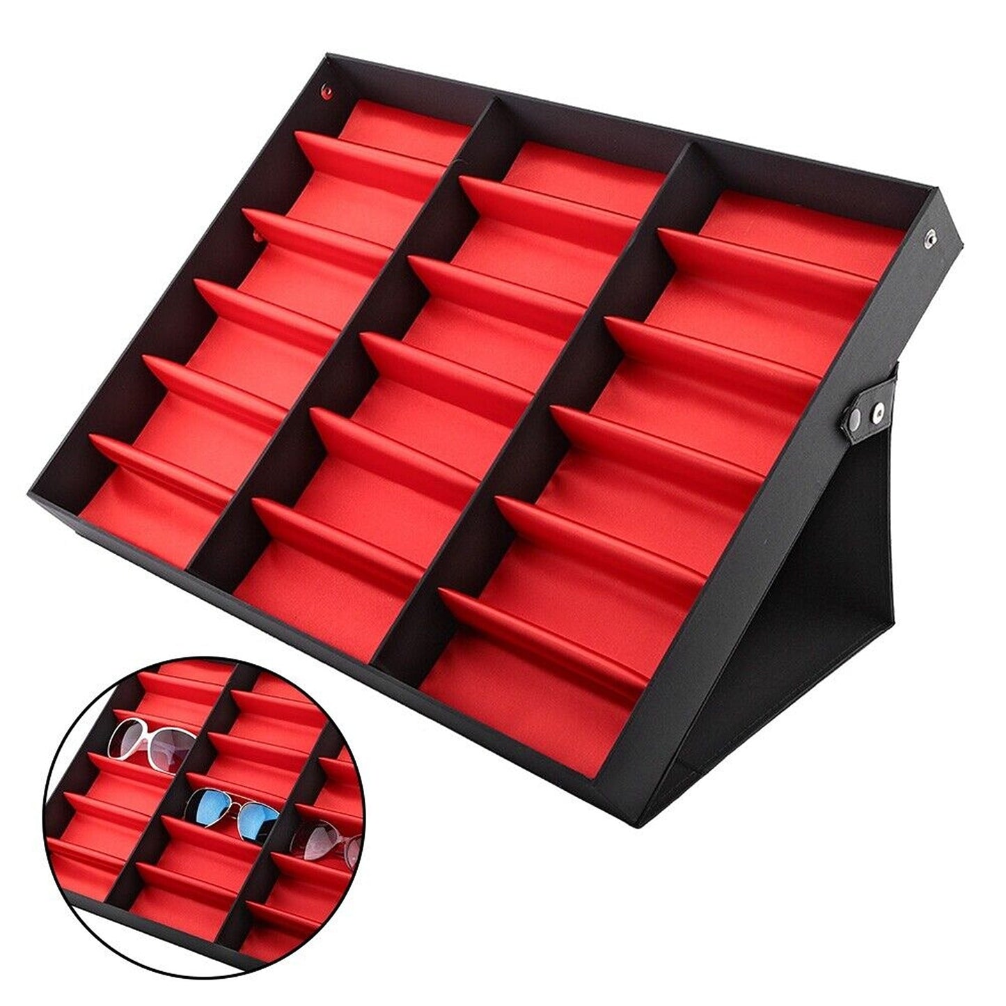 Eyewear Retail Display Case with 18 Grids and Cover Sunglasses Storage Box