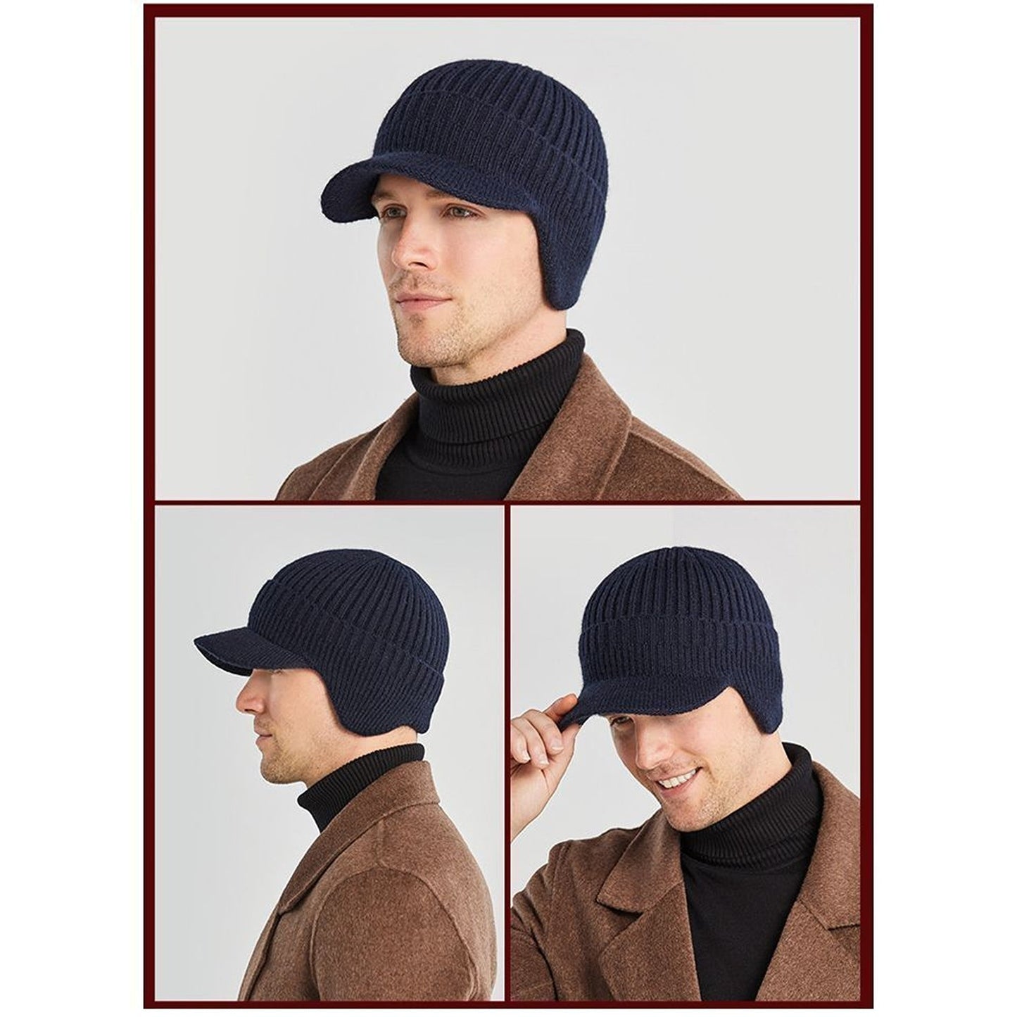 Men Thick Wool Warm Beanie with Brim for Winter Cycling