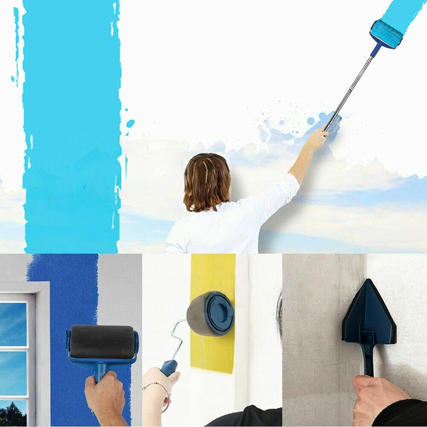 Seamless Paint Roller Set with Fillable Brush and Extendable Pole 8pcs