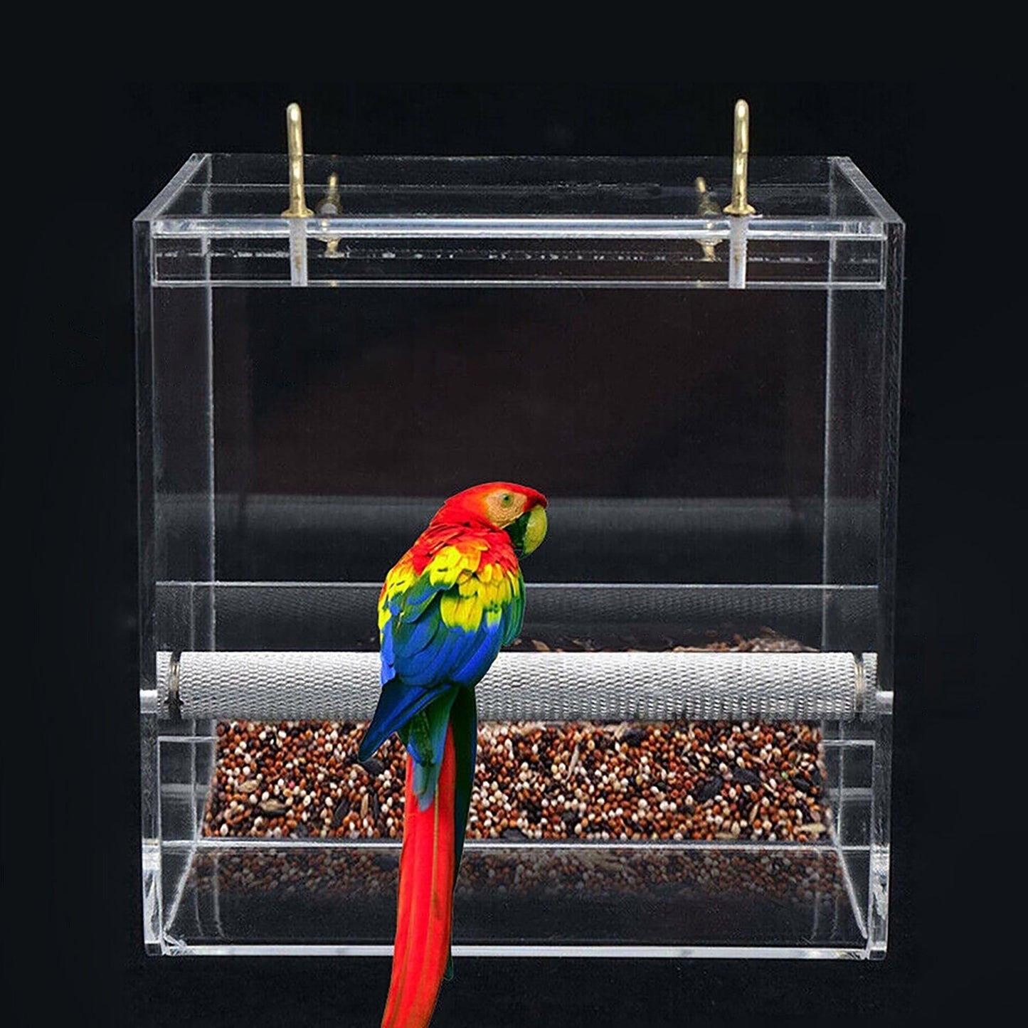 No Mess Automatic Acrylic Parrot Feeder Bird Cage Seed Feeding Container Box