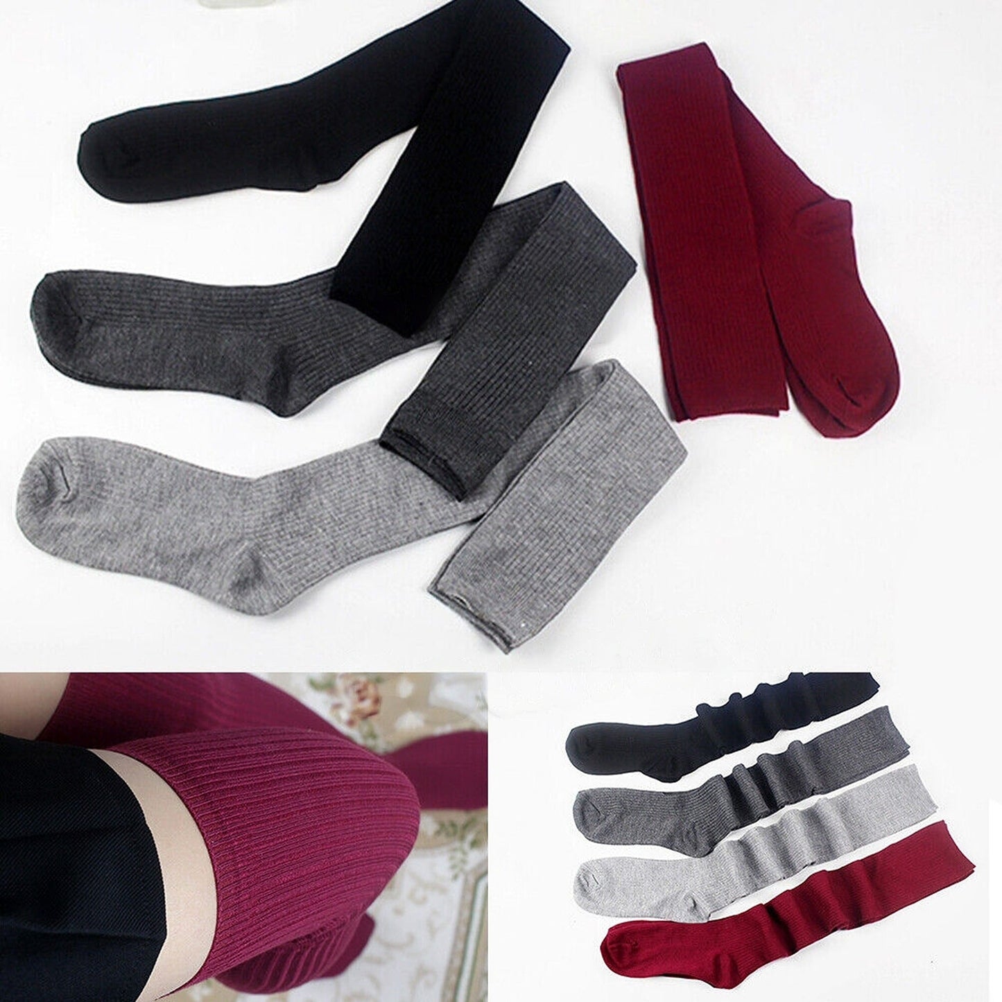 Women Thigh High Socks Solid Color Over Knee Long Cable Knit